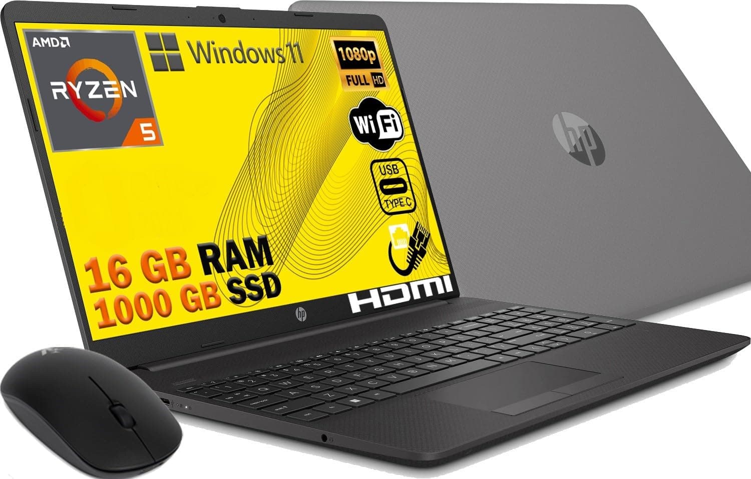 HP Ryzen 5 5500U Notebook 2024 6 Core 4 Ghz SSD 1000 GB IPS Full HD 15.6 Inch DDR4 16 Gb, Wi-fi 3 USB Webcam HD Windows 11 Pro, Office 2021 Package, QWERTY Italy Mouse Free