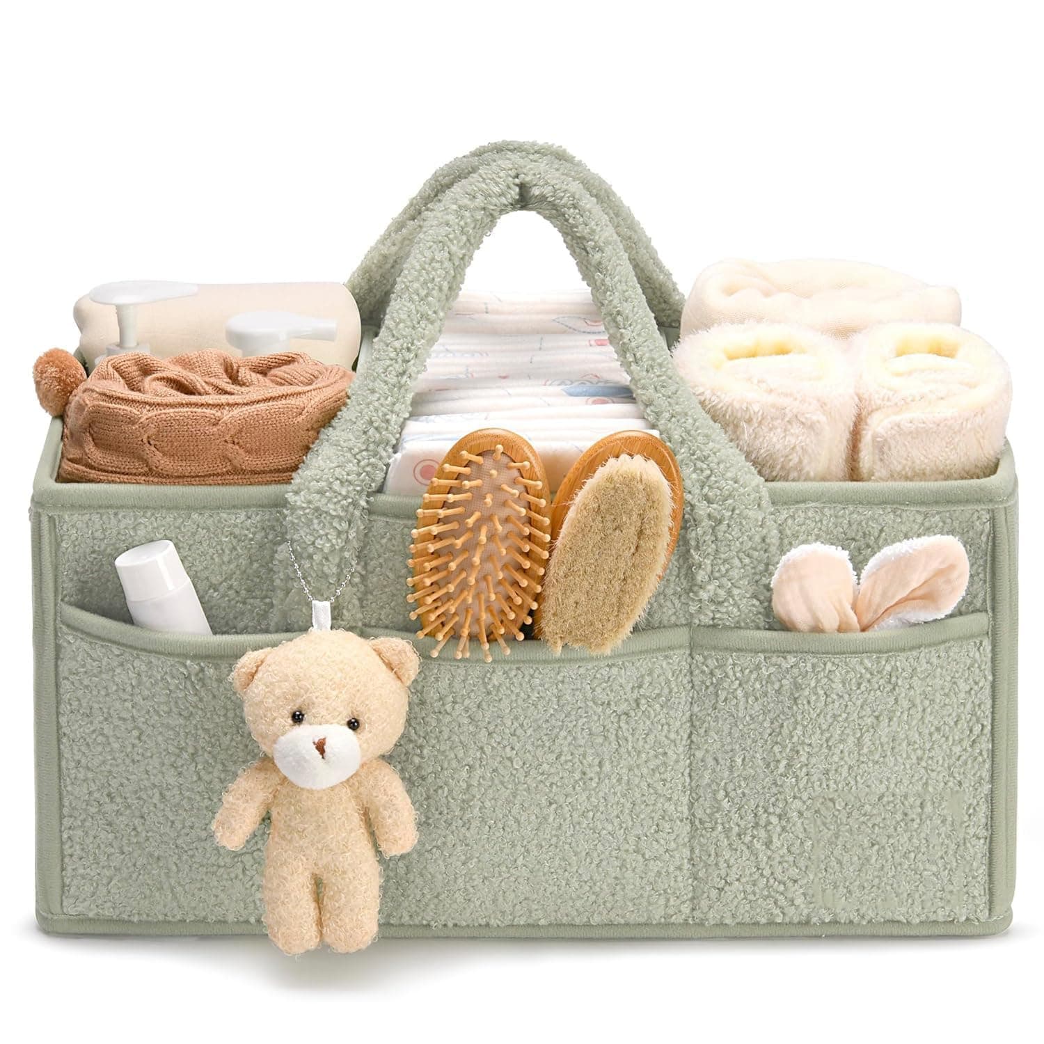 Teddy Fleece Diaper Caddy Organizer, Soft Plush Nursery Storage Basket, Portable Baby Diaper Tote with Pockets for Newborn Essentials