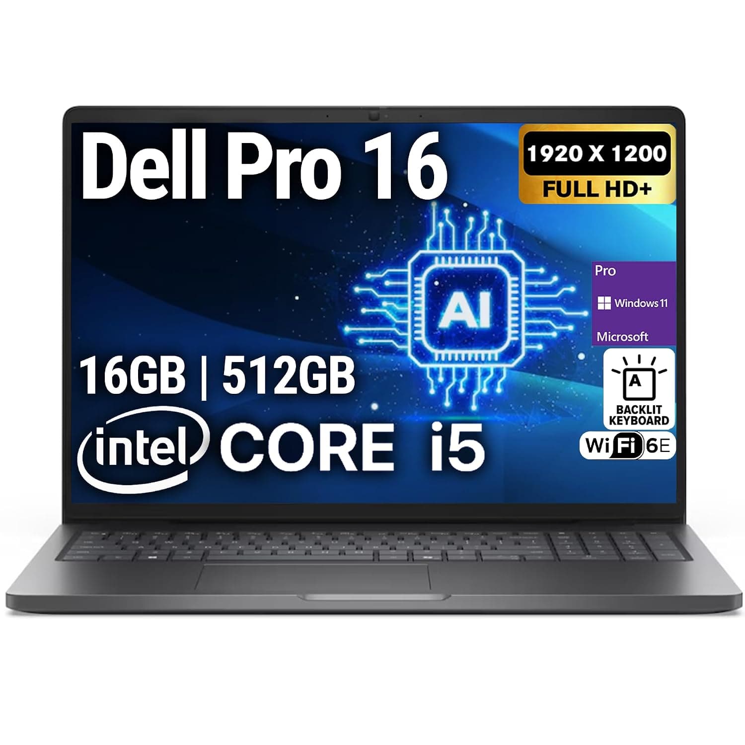 Dell Pro 16 PC16250 (Replaces Latitude 3550) 16” FHD+ Display Business Laptop, Intel 10 Core i5-120U, 16GB DDR5 RAM, 512GB SSD, WiFi 6E + BT, Backlit Keyboard, HD Webcam, RJ-45, Win 11 Pro