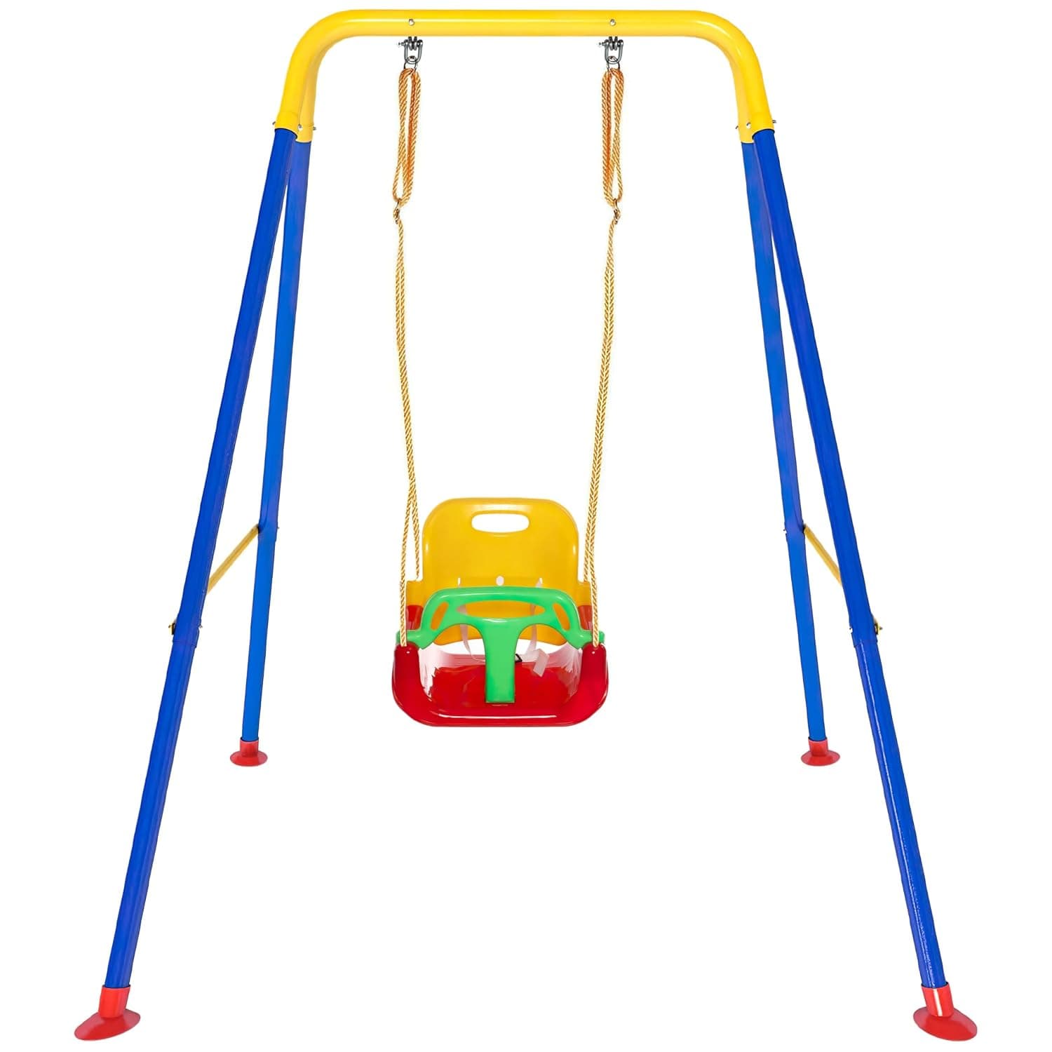 Funz 3-in-1 Toddler Swing Set with Frame Indoor & Outdoor Baby Swing with Foldable Metal Stand Kids Swing Set for Backyard, Easy to Assemble & Store, Red