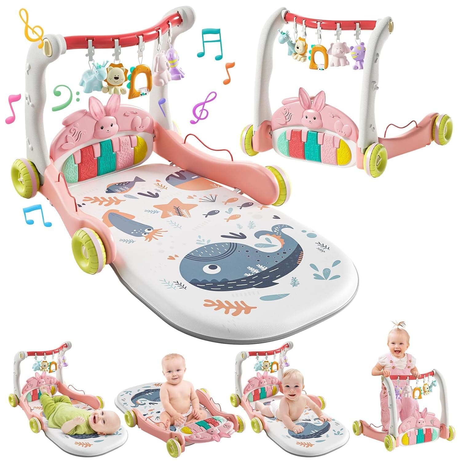3 in 1 Baby Play Mat Gym, Kick and Play Piano Gym with Music Light, Activity Tummy Time Play mat with 5 Learning Sensory Toys, Infant Gifts for Newborn Baby Toddler 0-14 Months (Pink)