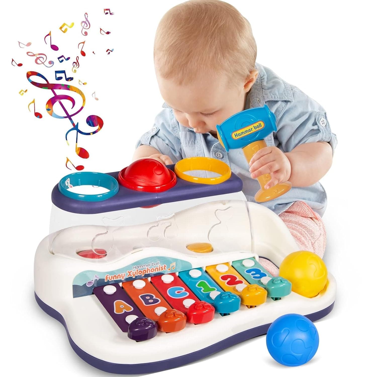 PRAGYM Montessori 2 in 1 Hammer Pounding & Musical Xylophone Toy for 1-3 Year Olds - Baby Sensory, Learning & Educational - Birthday Gifts for 1 2 3 Year Old Girls Boys