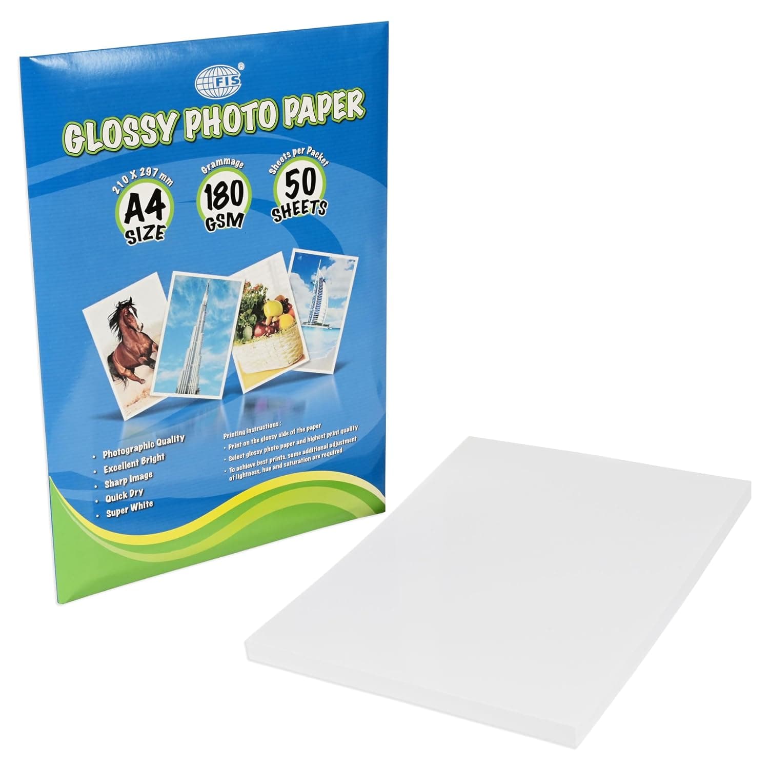FIS® Glossy Photo Paper, A4 Size(210x297mm), 180 Gsm Thickness, 50 Sheets Per Pack-FSPAGP18050N