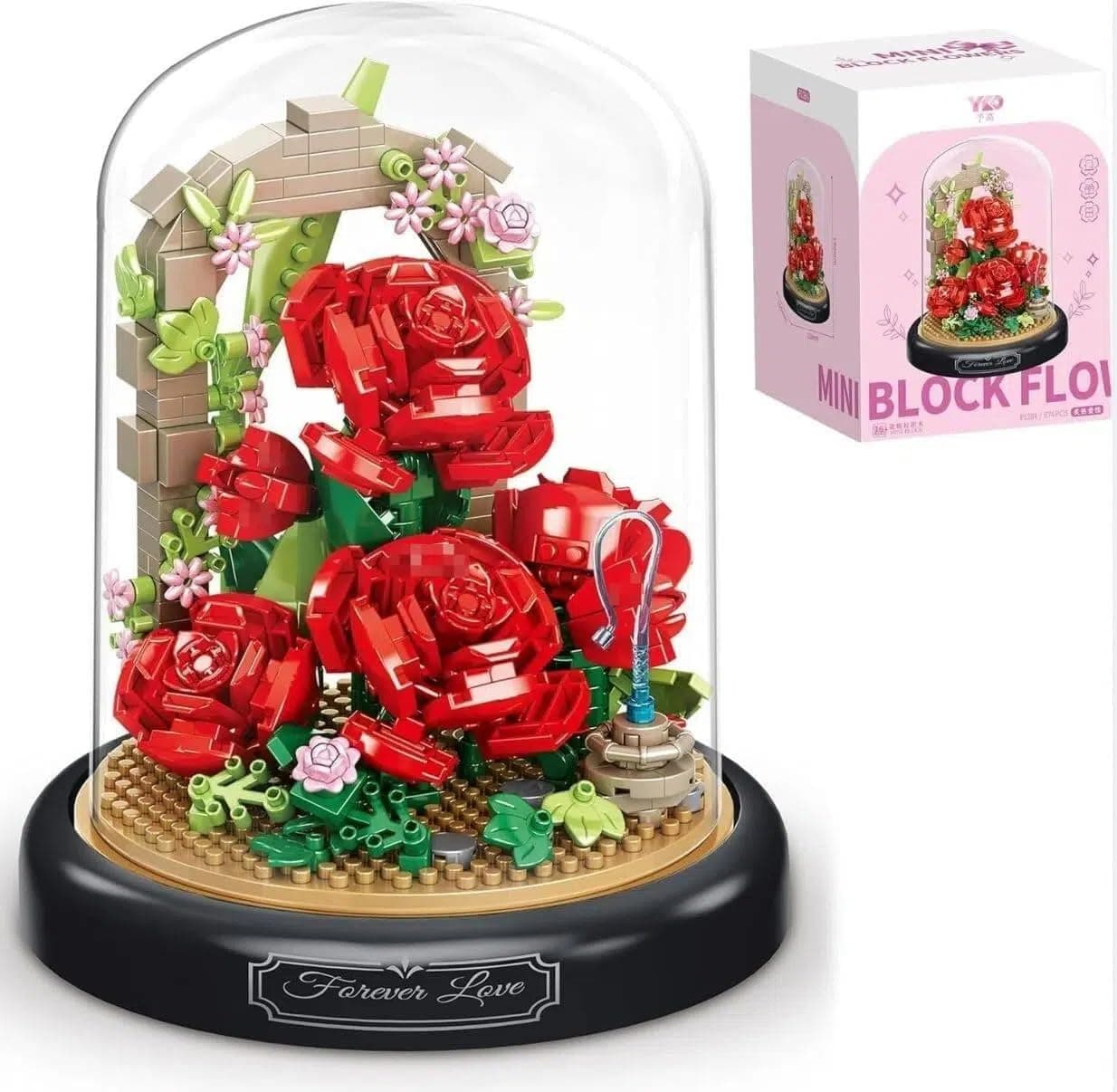 TRavesty Bouquet Building Blocks Kit, Artificial Bouquet Building Blocks Set with Dust Cover, Creative DIY Botany Collection Model Kit for Home Room Decoration (Red Rose)