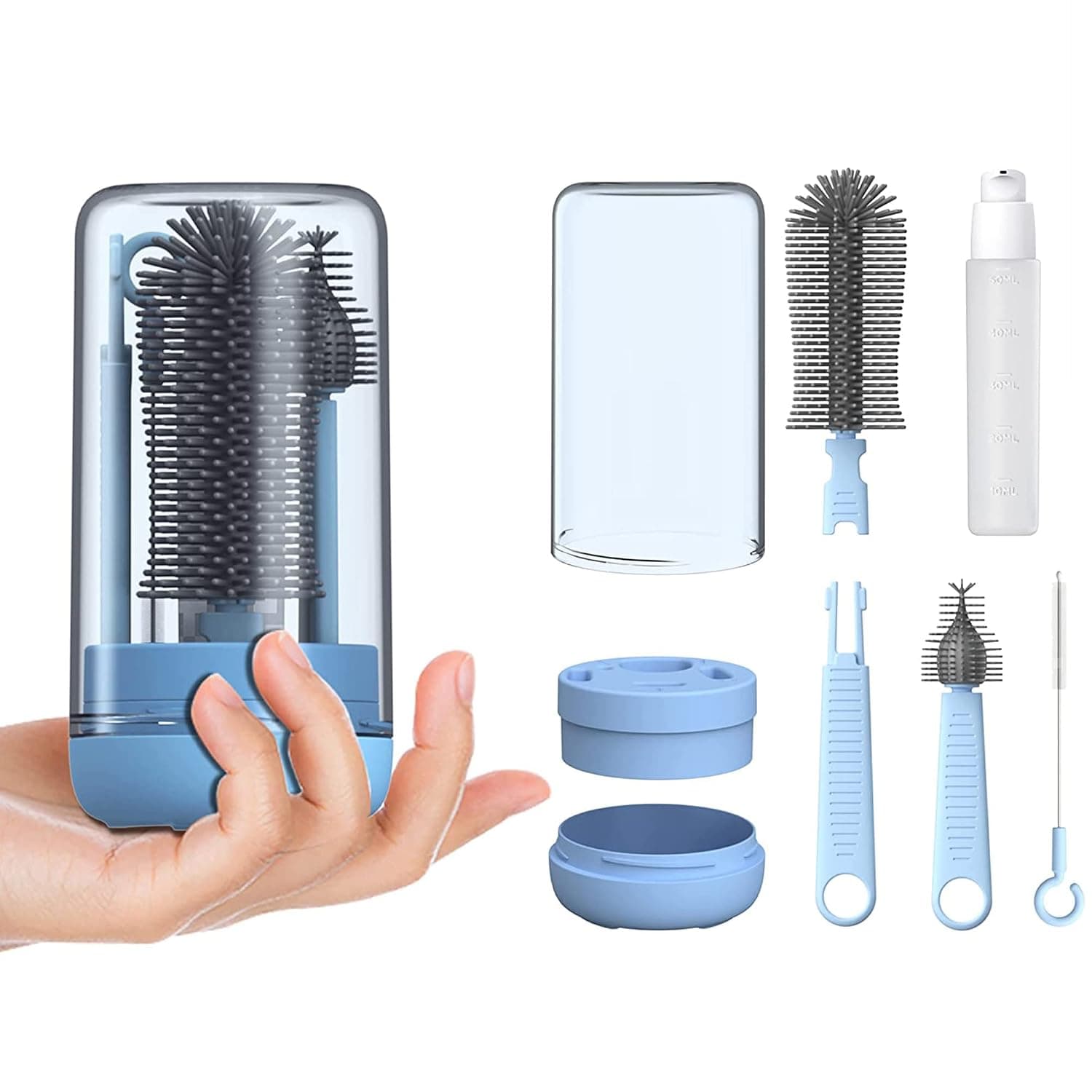 Travel Baby Bottle Brush Set, Silicone Bottle Brush with Cleaner and Stand (Blue) Travel Baby Milk Bootle Cup Clean Brush Kit Pack