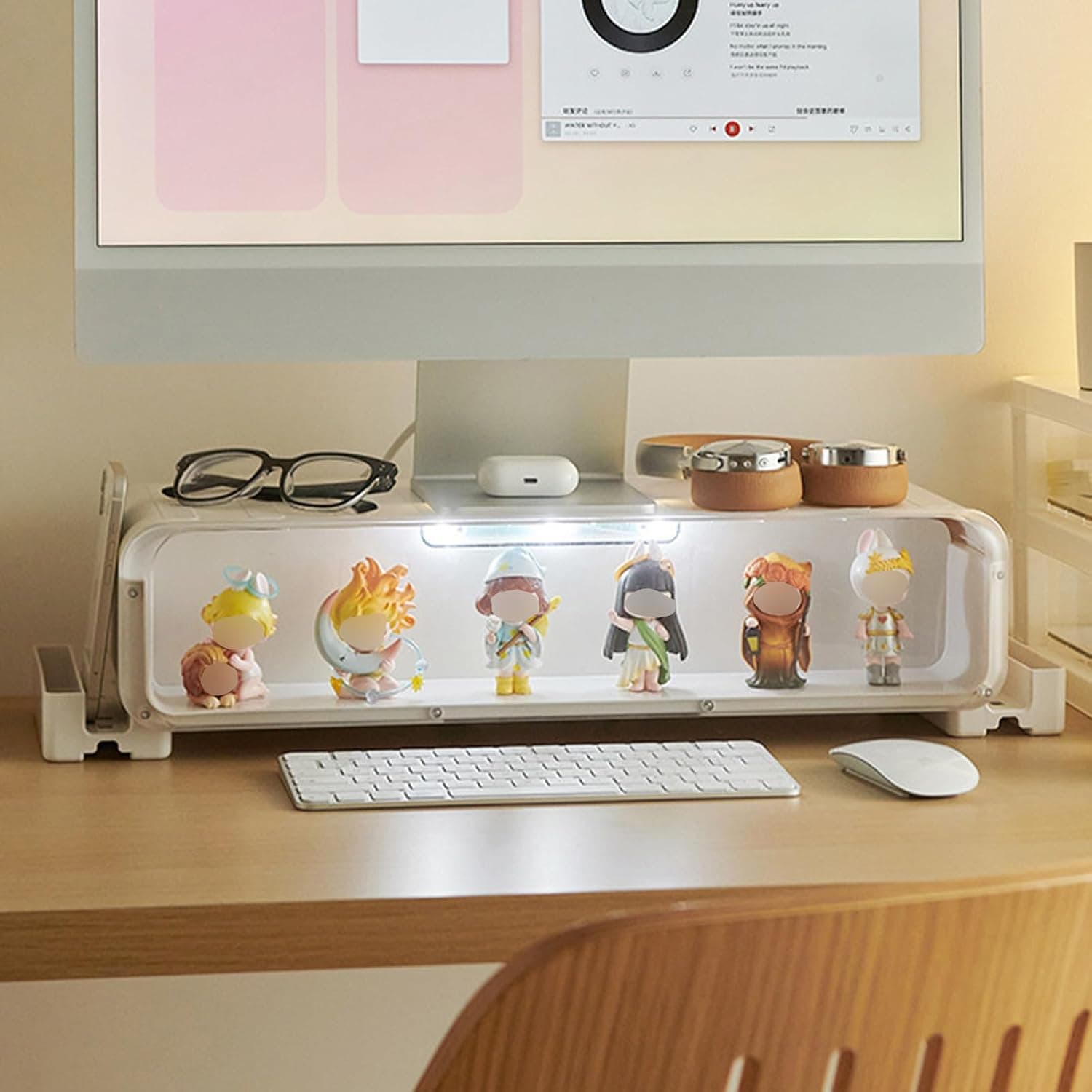 Computer Monitor Stand Riser with Drawer & LED Lights, Removable Elevated Desktop Stand with Mini Figures Display, Desk Organizer for Computer Laptop PC Screen Home Office Use