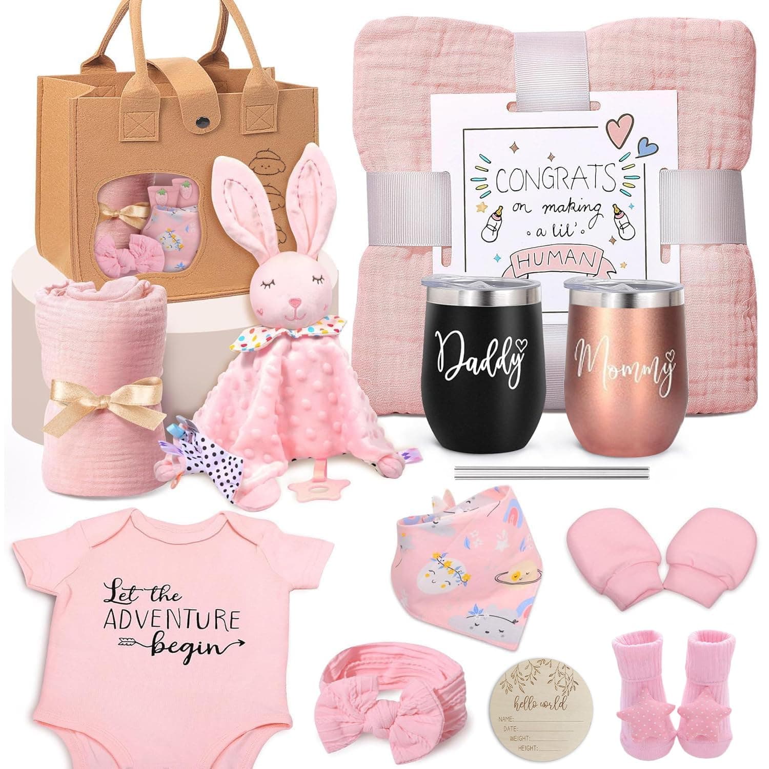 Baby Shower Gift Basket Set,Toddler Presents, New Born Girls Gift,Cute Baby Girls Gift Basket Set with Stainless Steel Thermos,Headband, Socks,Bodysuit,Bib and Bath Towel,Mittens,Cotton Bunny Doll