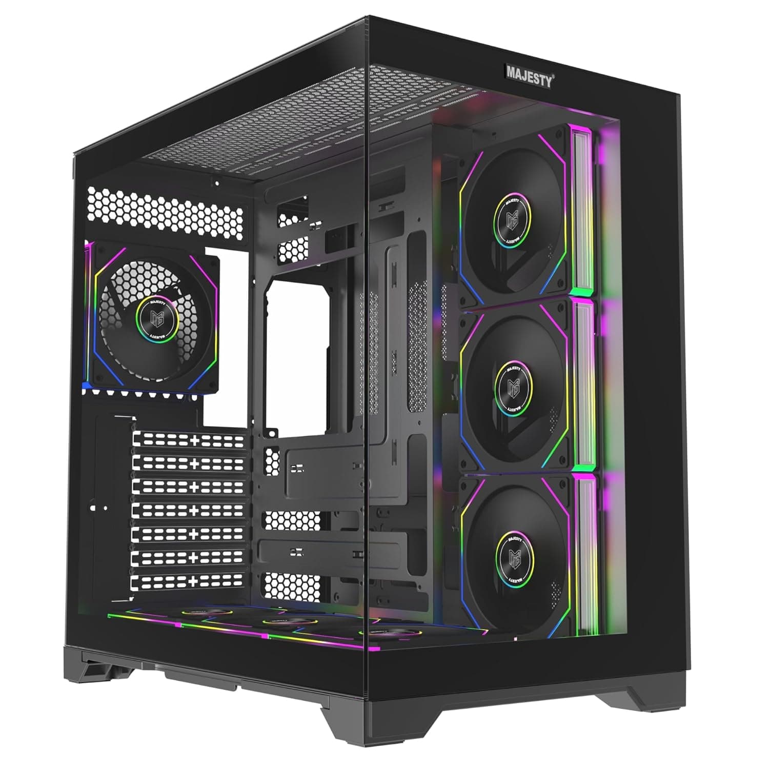 Majesty Galaxy Mid Tower PC Case with 7 Pre-Installed 120mm Infiniti ARGB Fans for Efficient Airflow with Remote, ATX Panel Support, Type-C Port, 2 x USB 3.0, Back-Connect Design – Black