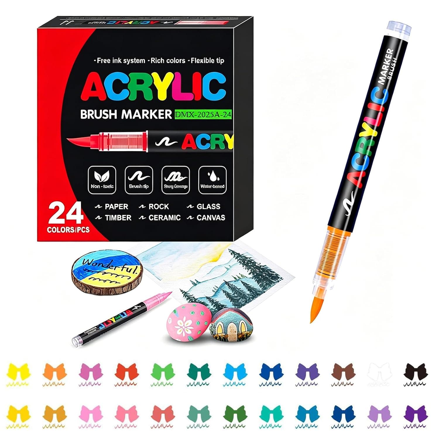 24 Colors Acrylic Paint Pens, Soft Brush Tip Acrylic Markers, for Canvas, Rock Painting, Wood, Stone, Glass, Ceramic, Fabric Painting, DIY Crafts
