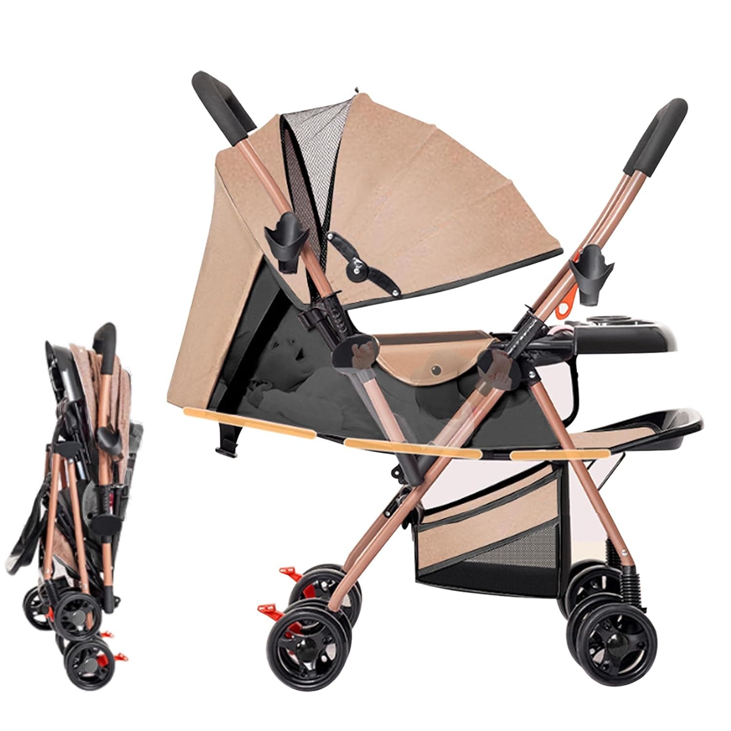 Two-Way Foldable Lightweight Stroller, Travel Umbrella Strollers, Baby Strollers and Toddler Strollers with Large Storage Basket and Canopy, Reclining Seat, Child Tray, Compact for Travel