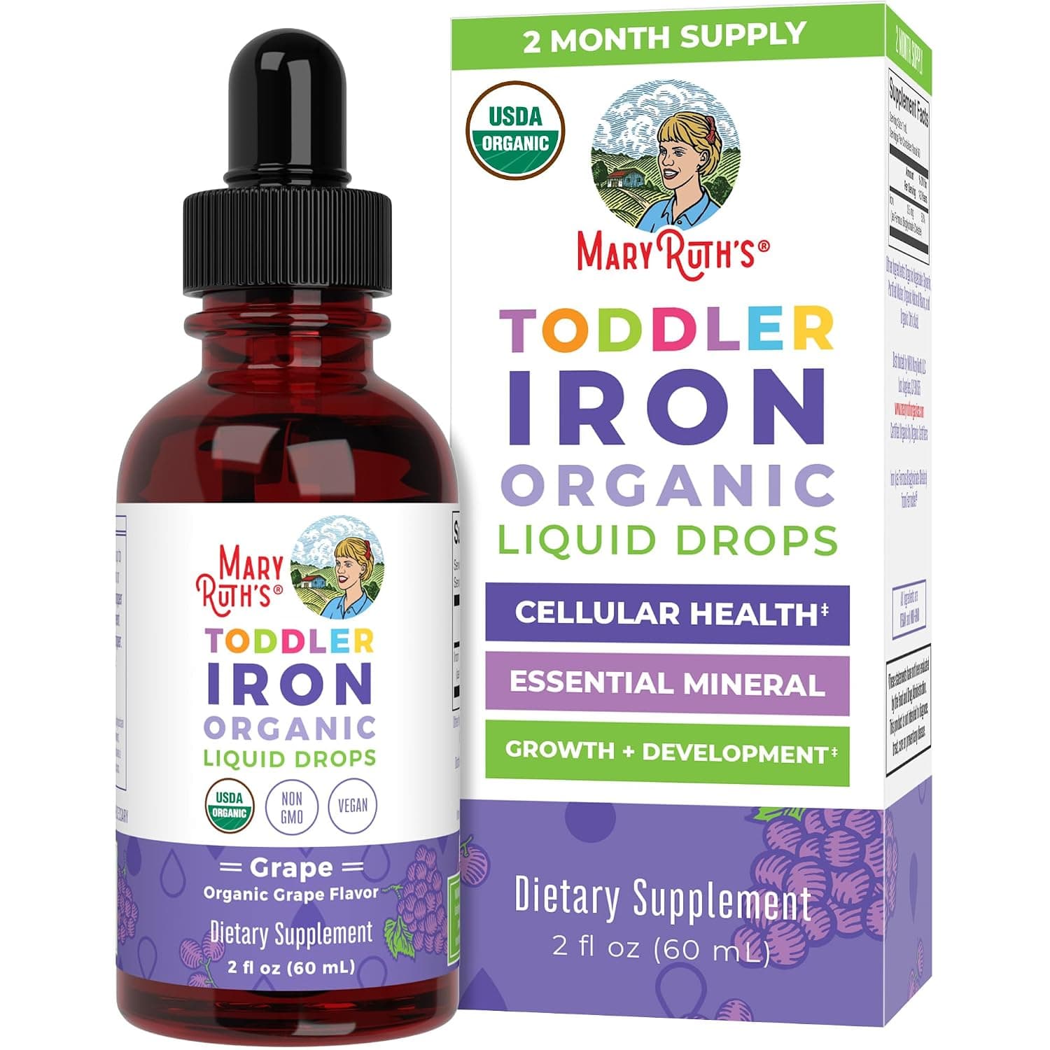 MaryRuth's Organic Toddler Liquid Iron Supplement, Sugar Free, Vegan, 2oz | Ferrochel, Non-GMO, USDA Organic, Gluten Free