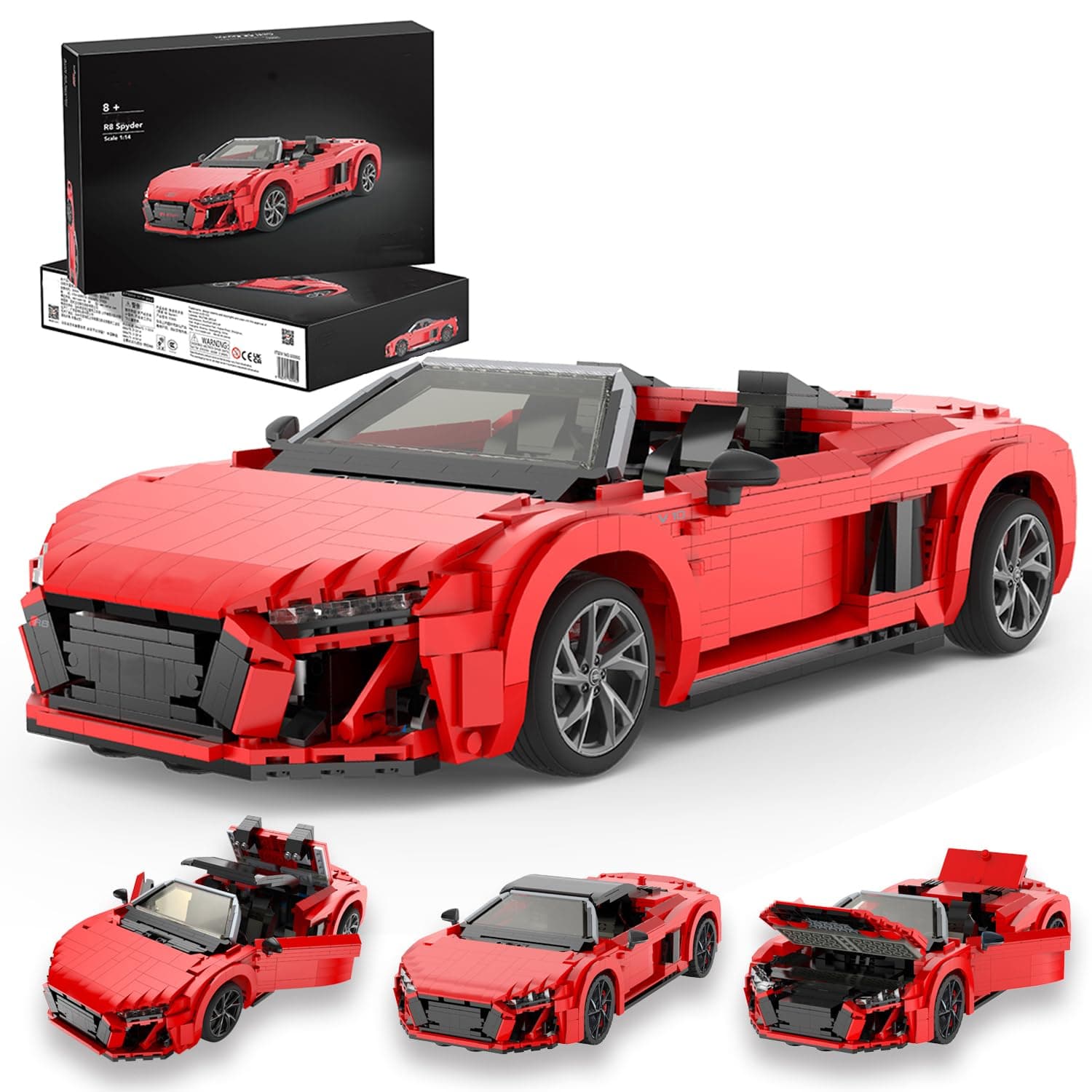 1:14 Audi R8 Spyder Toy Car Building Kit, Collectible Sports Car Construction Set with 1440pcs Brick, Realistic Cockpit, 2 in 1 roof, Brithday Gift for Boy, Girl, Adult Ages 8+, Red