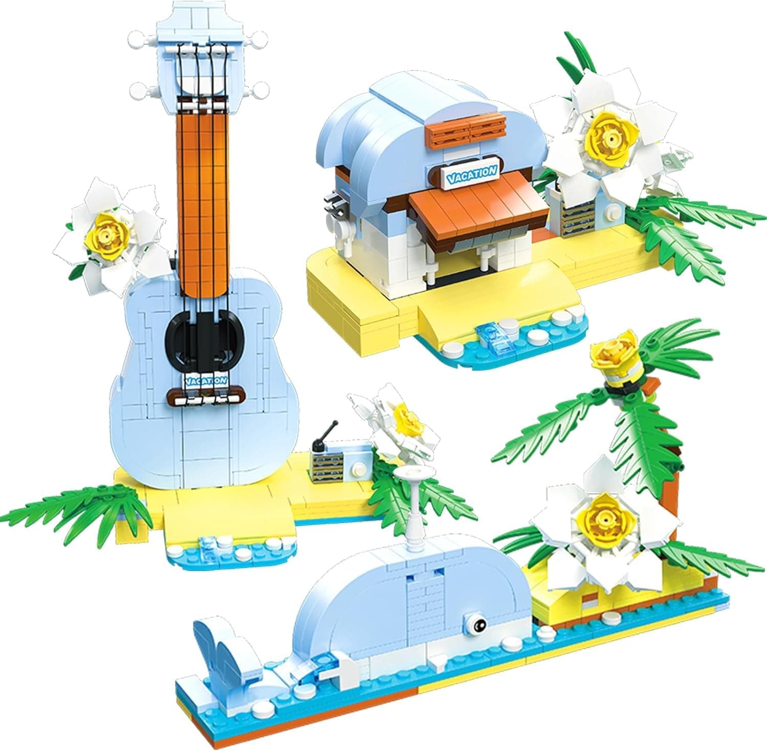 3-in-1 Tropical Building Set, 415-Piece Island Theme Construction Kit with Ukulele, Whale, and Beach House Models, STEM Educational Toy for Kids, Creative Bookshelf Display Art Gift (Colorful)