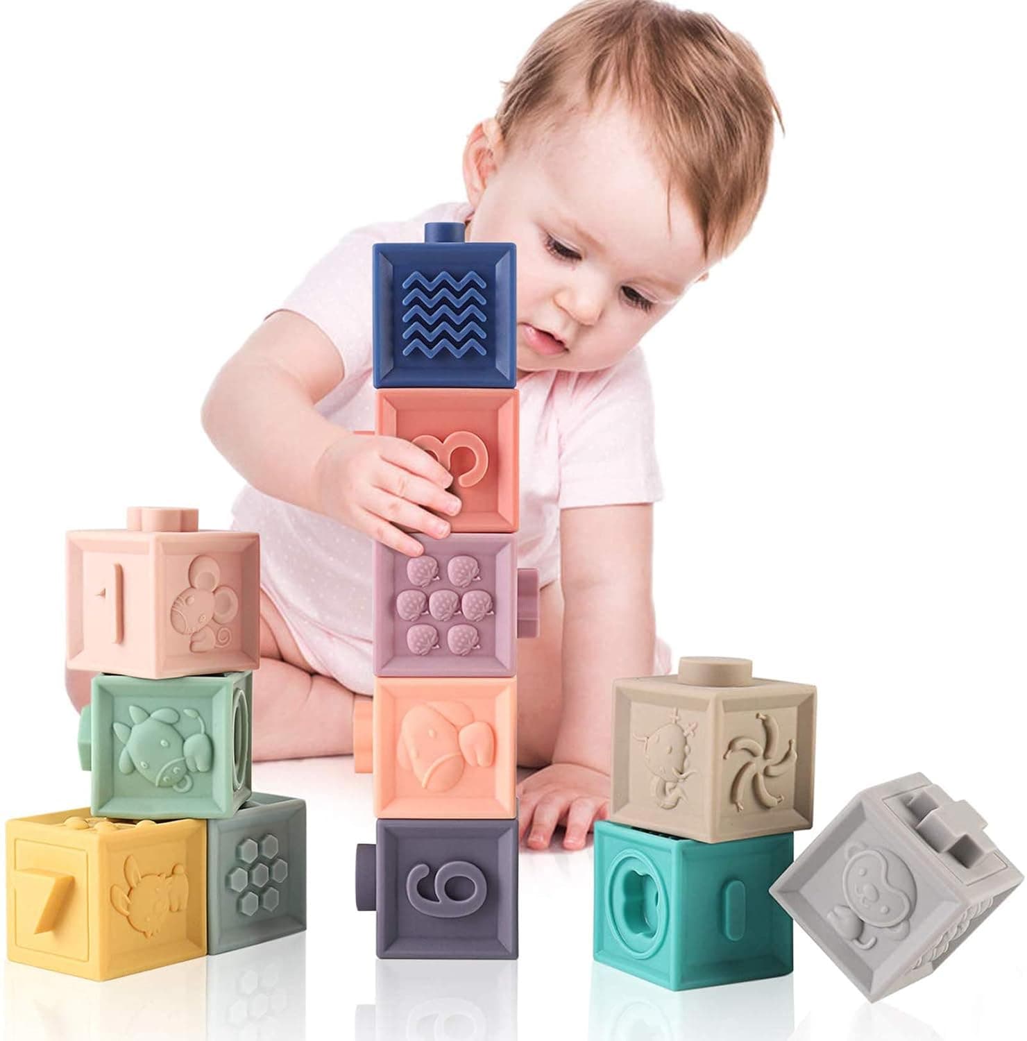 SooFam Baby Soft Building Blocks,Montessori Sensory Ball Teether Infant Bath Toys,Baby Toys Teethers Toy Educational Squeeze Play with Numbers Animals Shapes Textures 6 Months and Up(12PCS)