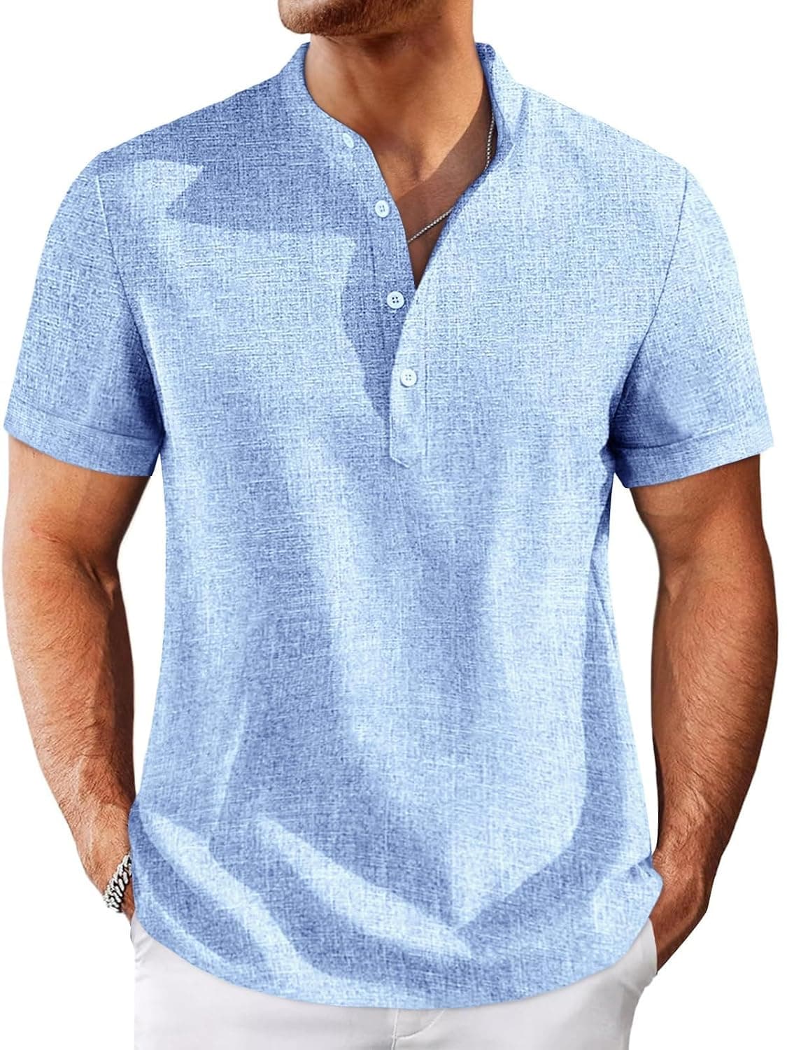 Runcati Mens Henley Shirts Short Sleeve Casual Linen Band Collar T-Shirt Summer Beach Vacation Tops