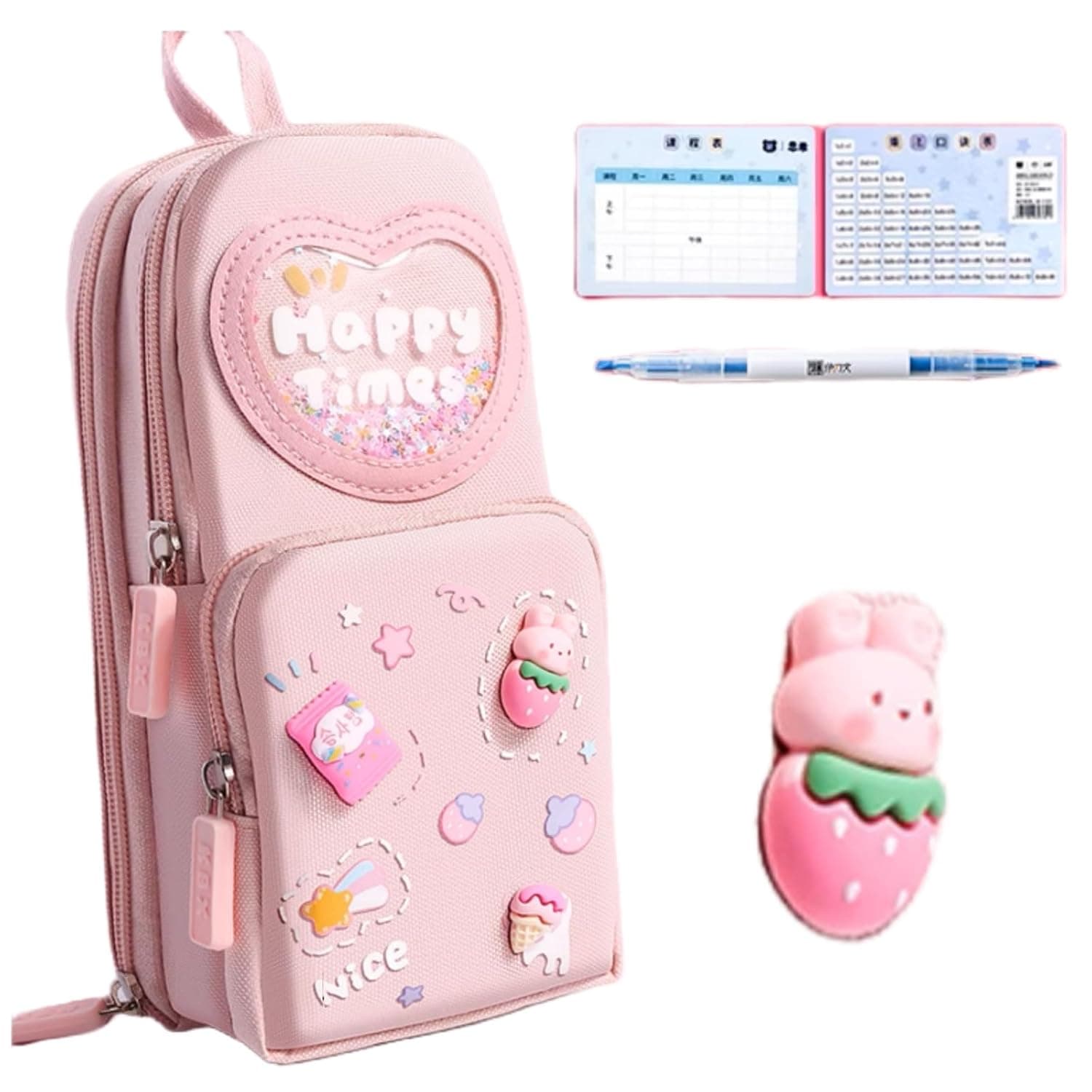 Mini Backpack Pencil Case, Cherry Pink Cute Stationery Organizer, Marker and Color Pencil Holder for School Supply, Portable Zipper Bag