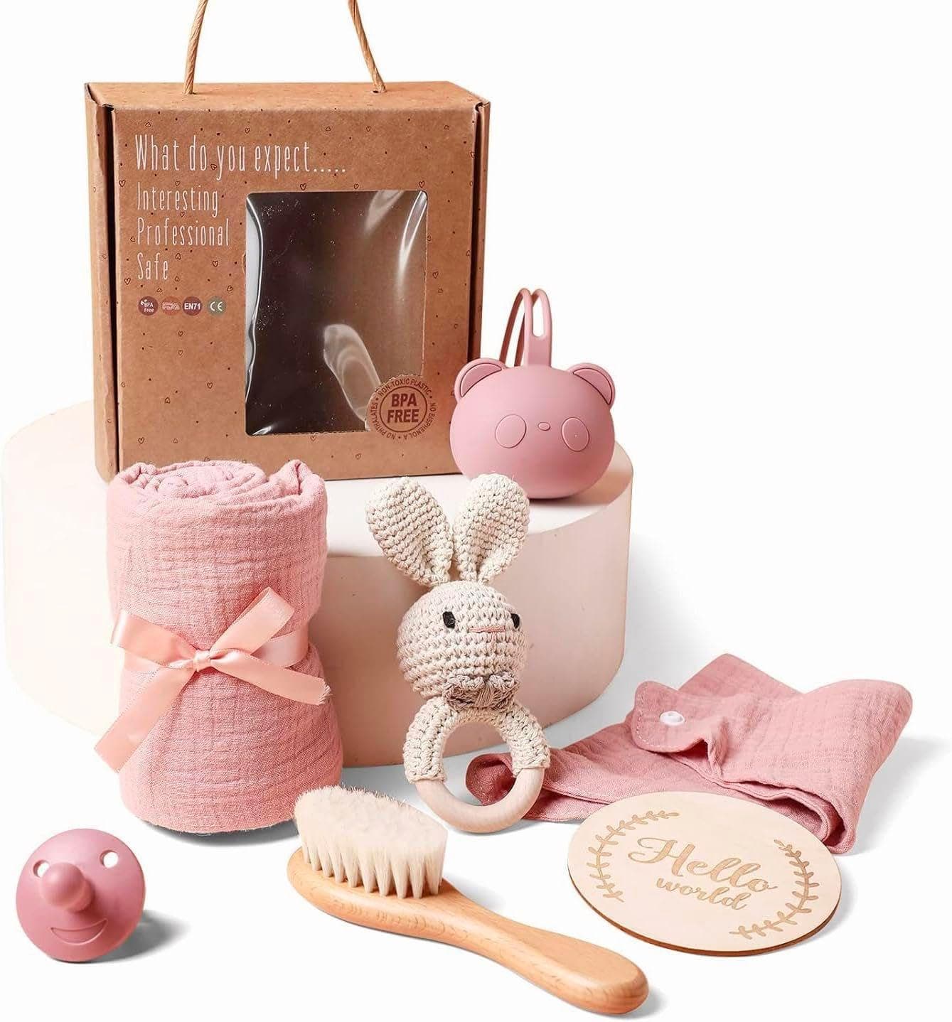 Baby Gift Set for Newborn New Baby Gift Set - Newborn Baby Essentials Baby Bath Set with Baby Blanket Baby Rattle - New Born Baby Girls Gift & Baby Boy Gifts for Baby Shower