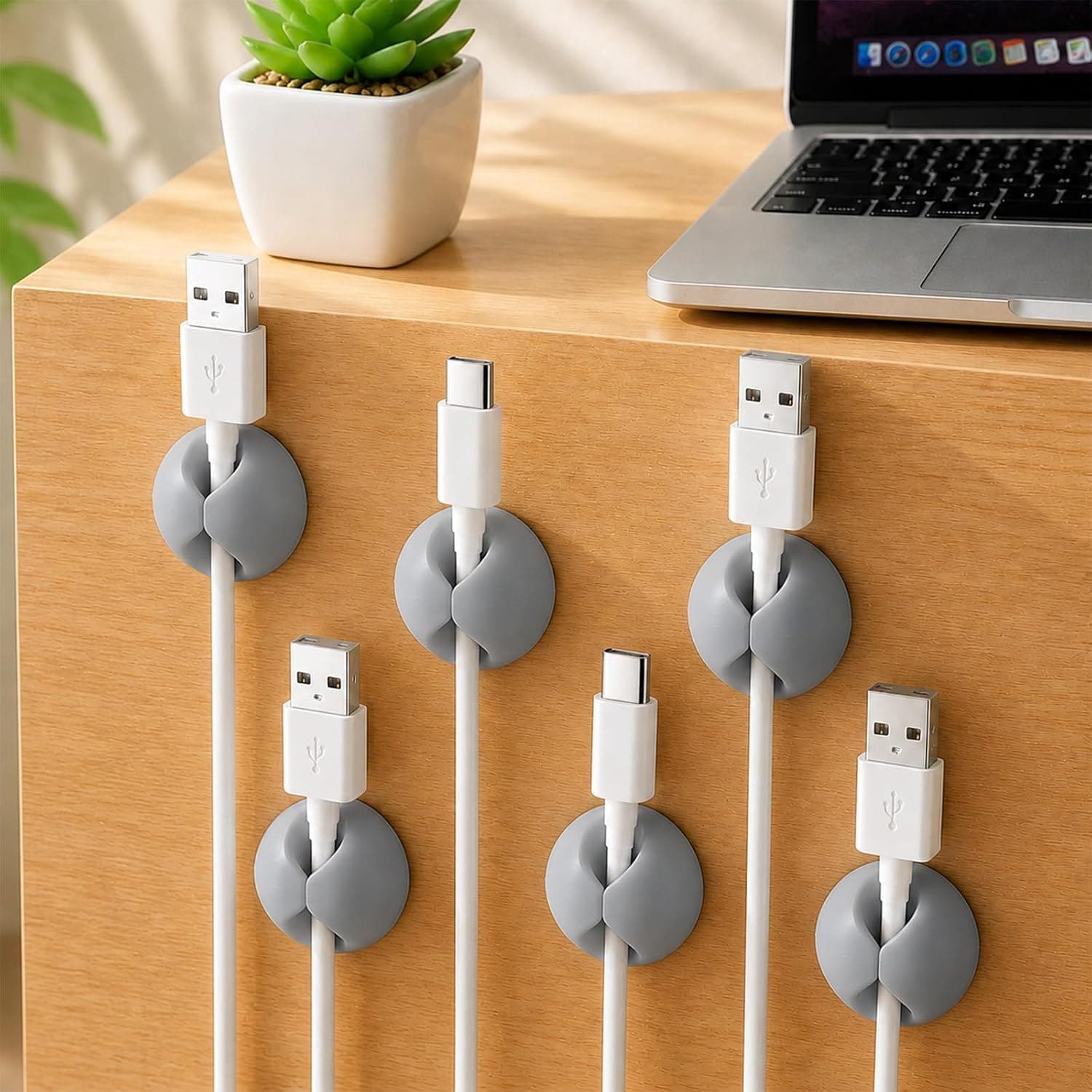 Cable Clips Cord Holder,6Pcs Adhesive Silicone Cable Organizer for Desk Wire Management, Single Slot Cable Clip for Charging Cable, Home Office Car Use,Gray