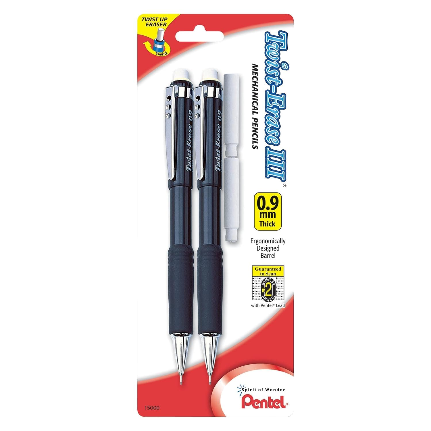 Pentel® Twist-Erase® III Mechanical Pencils, 0.9 mm, Assorted Barrel Colors, Pack Of 2 Pencils