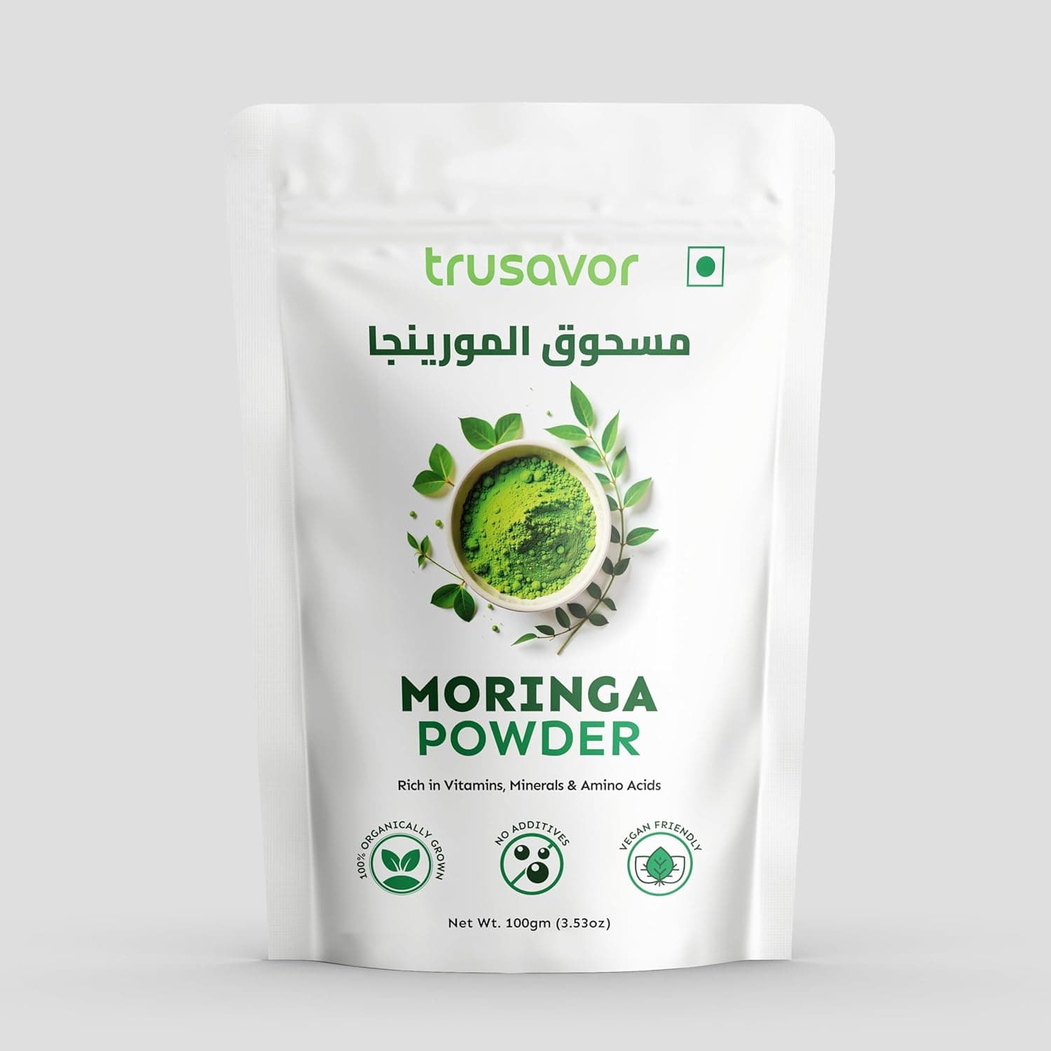 مسحوق المورينجا الخام من تروسافور، عضوي 100%، خالي من الغلوتين وغير معدل وراثيًا، غني بالفيتامينات والمعادن والاحماض الامينية وبدون مواد حافظة، مصدره الهند، 100 جم