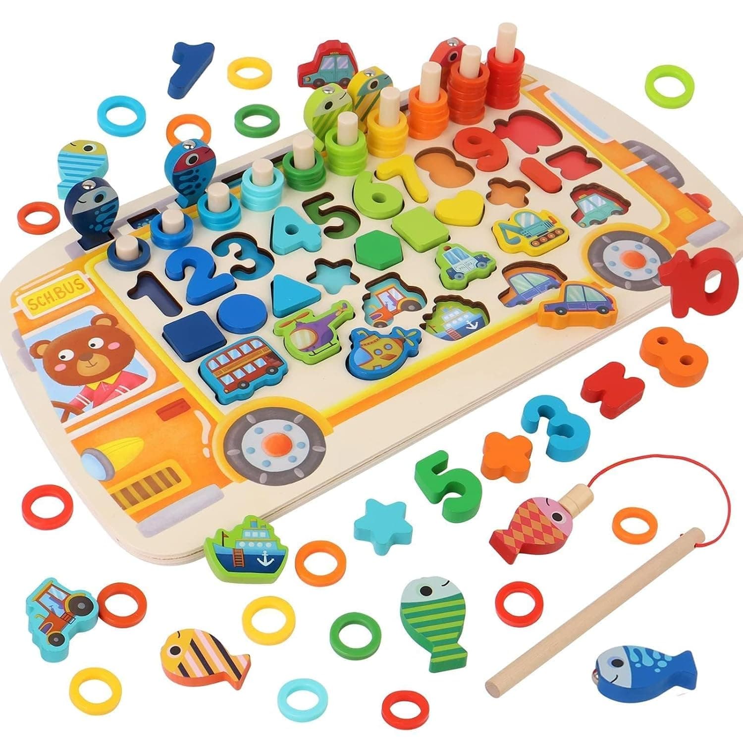 Joyzzz Wooden Number Puzzle, Counting Stacker with Fishing and Transportation Toys, Number Blocks Shapes Classifier, School Bus Toddler Preschool Toys, Montessori Toy Gift for Ages 3+