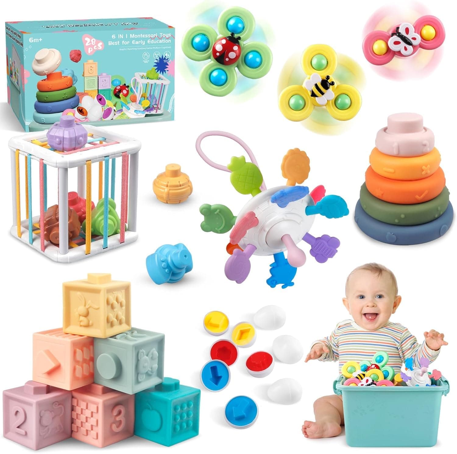 6 in 1 Baby Toys 6 to 12 Months, Montessori Toy Infant Teething Babies Toy Stacking Blocks Rings Pull String Toy Sorter Sensory Bin