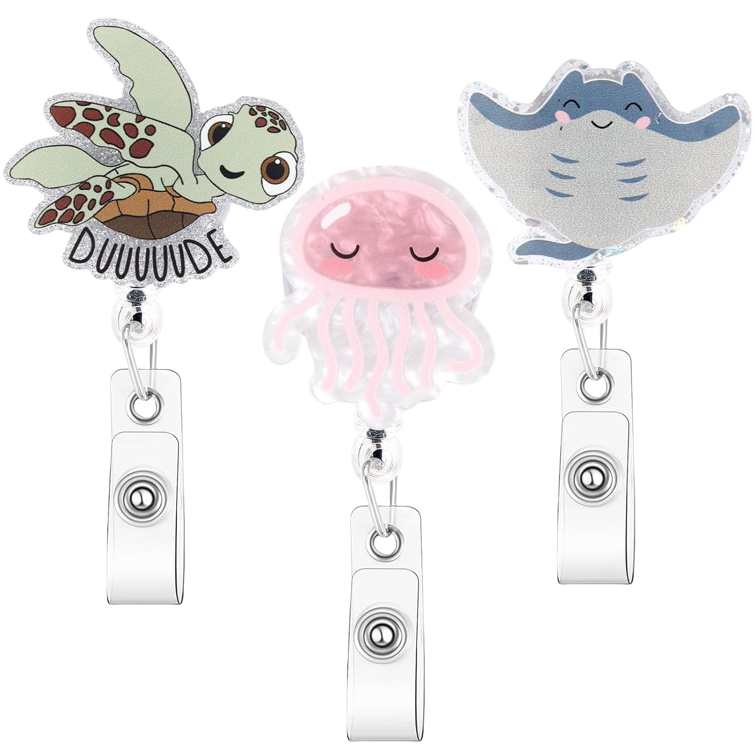 Funny Badge Reels for Nurses, Cute Sea Animal Design Retractable Badge Holder, Durable Acrylic with 360° Swivel Clip for Hospital Medical ID Card Nursing Student Gift Waterproof, Lightweight, 3 Pack