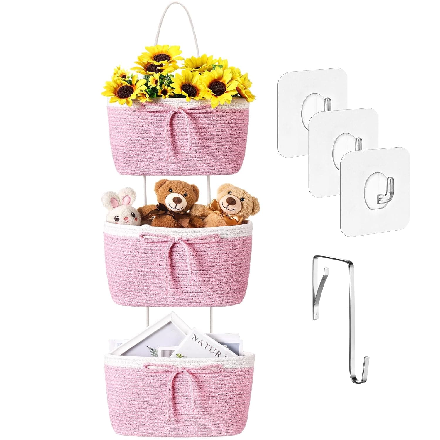 Zopeal Baby Diaper Caddy Organizer Woven Cotton Basket 3 Tier over the Door Hanging Storage Nursery Bag List, Newborn Essentials(Pink,Classic)