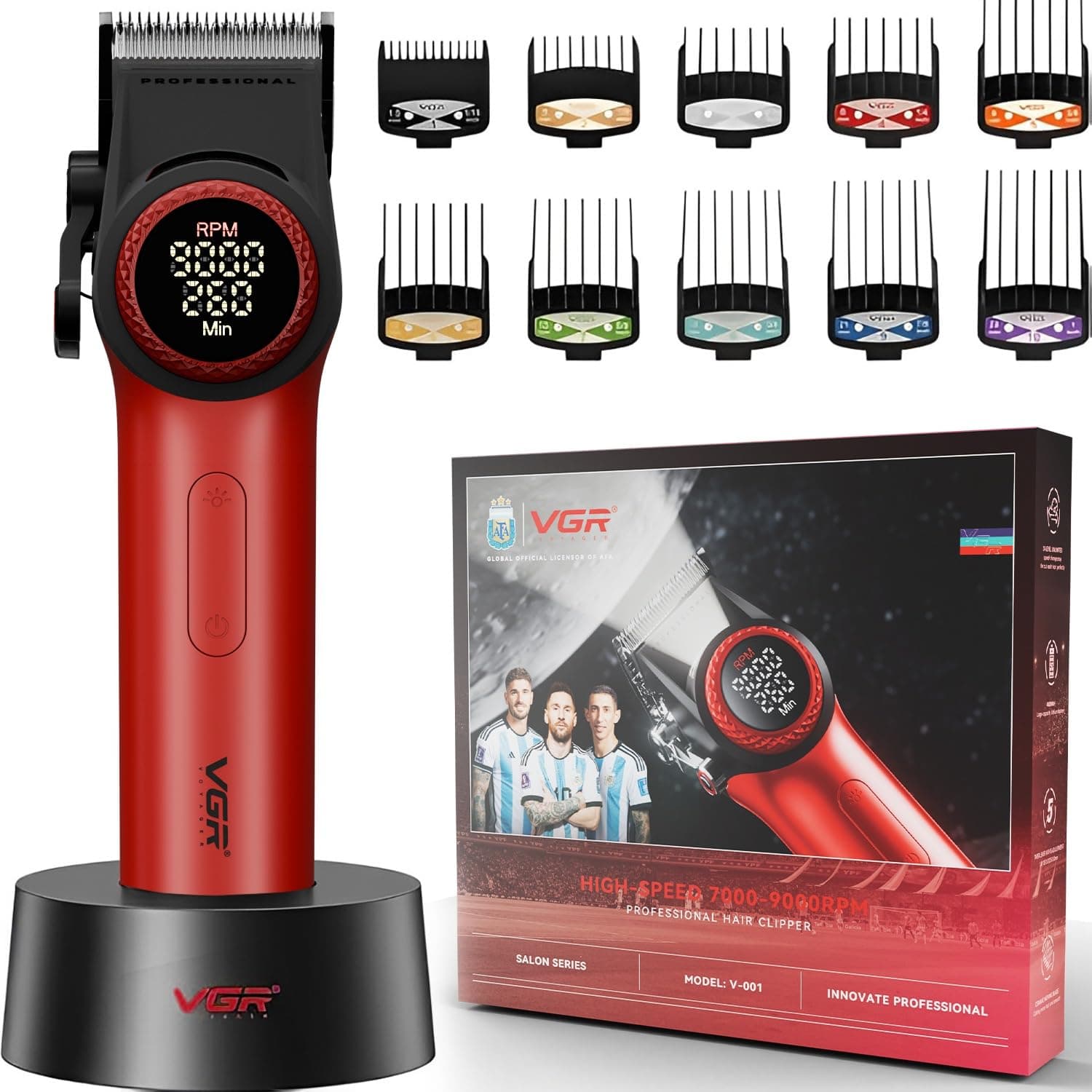VGR V-001 Professional Salon Quality Hair Clipper | 𝟵𝟬𝟬𝟬 RPM High-Power DC Motor, 𝟑𝟎𝟎 Min Runtime, DLC Diamond-Coated Blade, LED Display & Light | Taper Lever & 15 Length Settings, Red