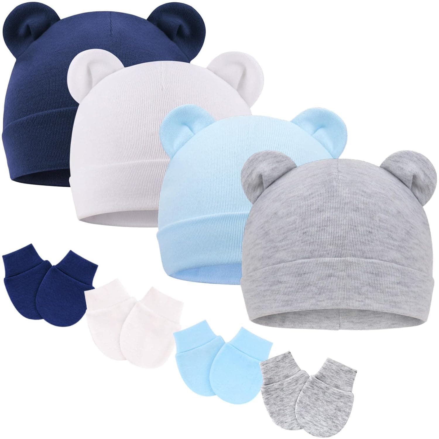 Tazweeq 4Pcs Newborn Baby Hat Mitten Set, Baby Warm Cashmere Suit, Bear Ears Toddler Infant Beanie Caps Newborn Hospital Hat for Baby Boy Girls, 0-3 Months