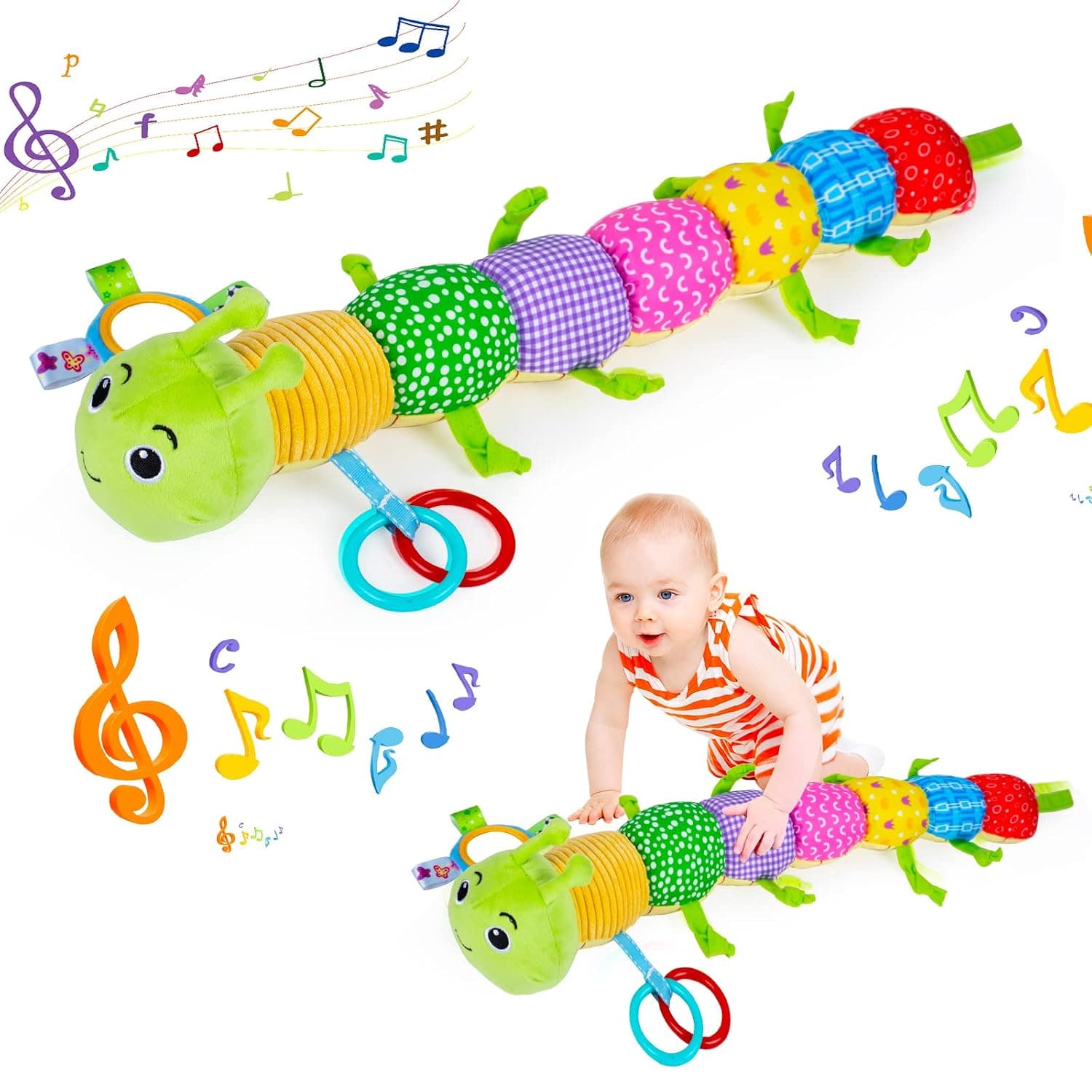 Infant Baby Musical Stuffed Animal Activity Soft Toys with Multi-Sensory Crinkle, Rattle