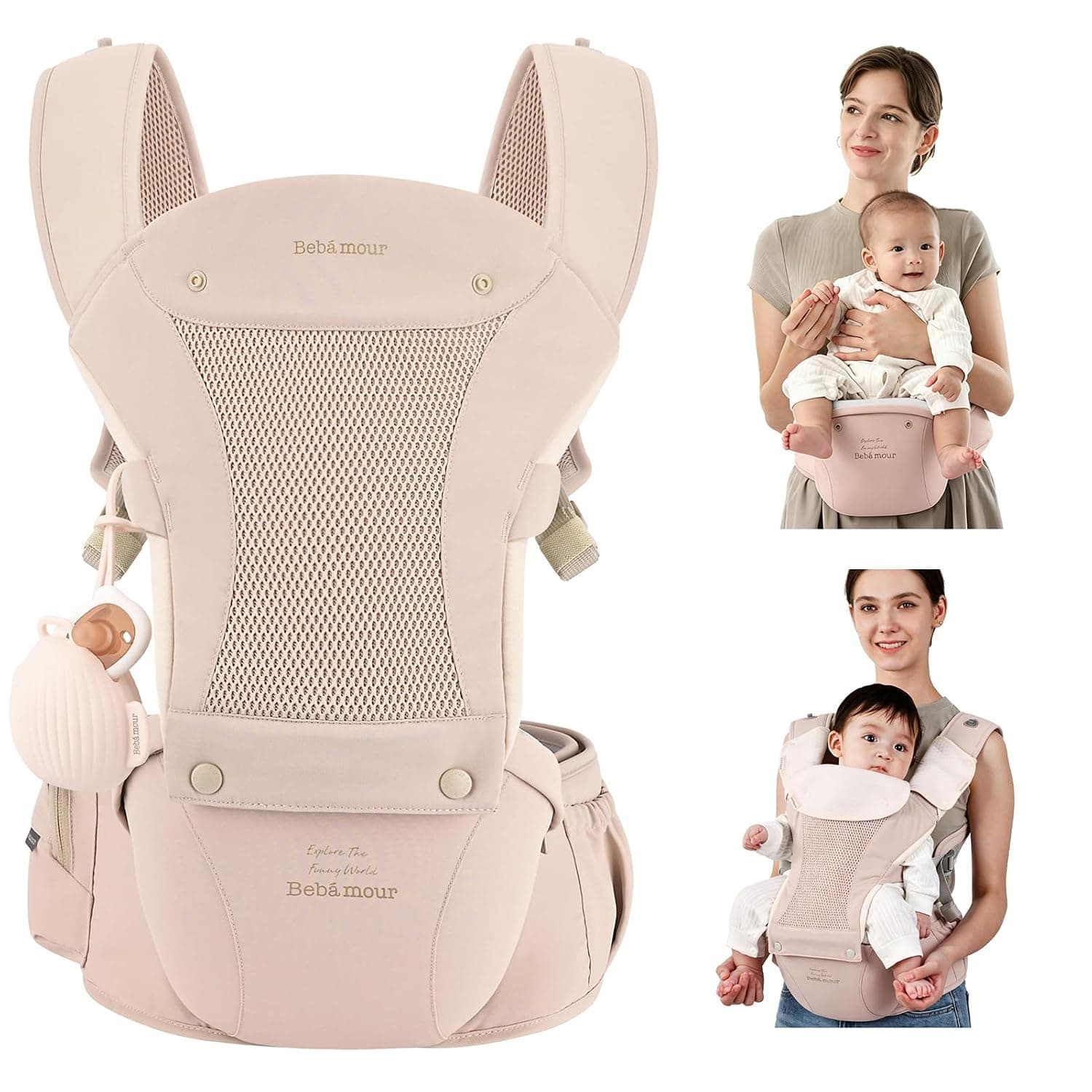 Bebamour Baby Carrier with Hip Seat,All-Position Breathable Mesh Hip Seat & Carrier 0-36Months with Head Hood, 3 PCS Teething Pads, Waist Extender,Storage Bag & Pacifier Case (Pink)