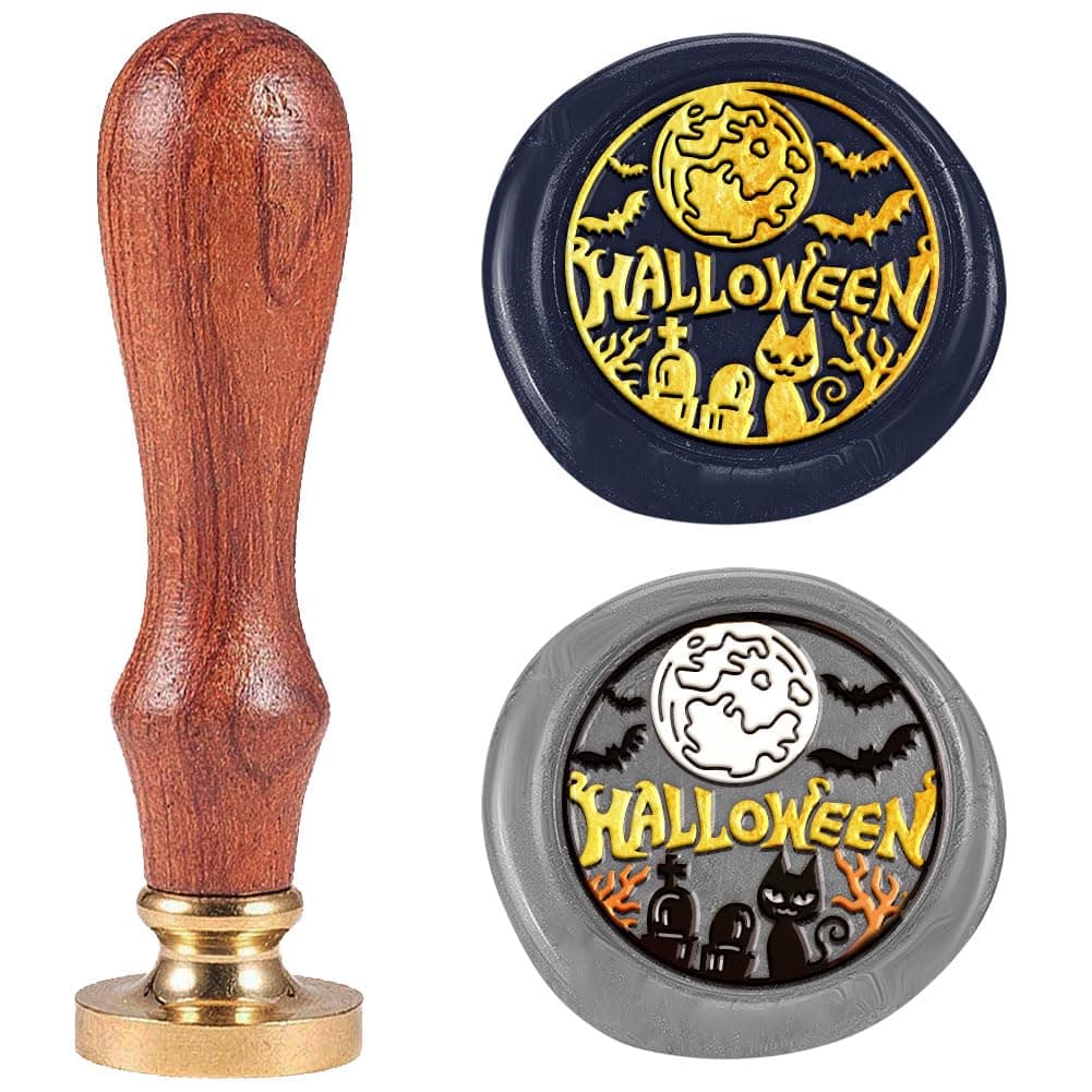 Halloween Wax Seal Stamp Vintage Sealing Stamps 1" Removable Brass Head Seal Stamp with Wooden Handle for Envelope Greeting Card Letters Wedding Halloween Invitations Bottle Gift Wrapping