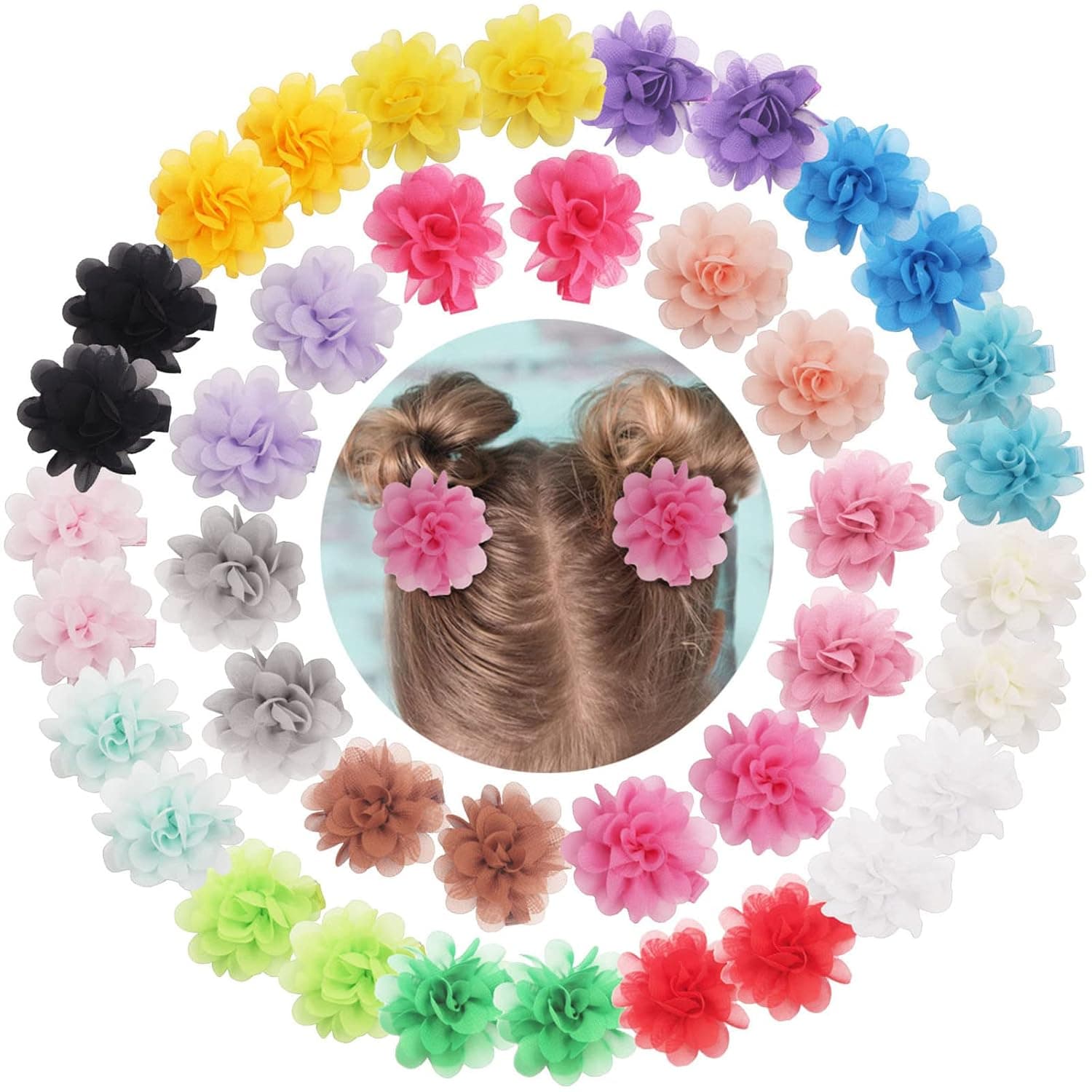 DeD 40PCS 2" Chiffon Flower Hair Bows Clips Flower Tiny Hair Clips Fine Hair for Girls Infants Toddlers Set of 20 Pairs | Non Slip, Soft, Tiny Hair Clips for Fine Hair, Easy to Use, Set of 20 Pairs
