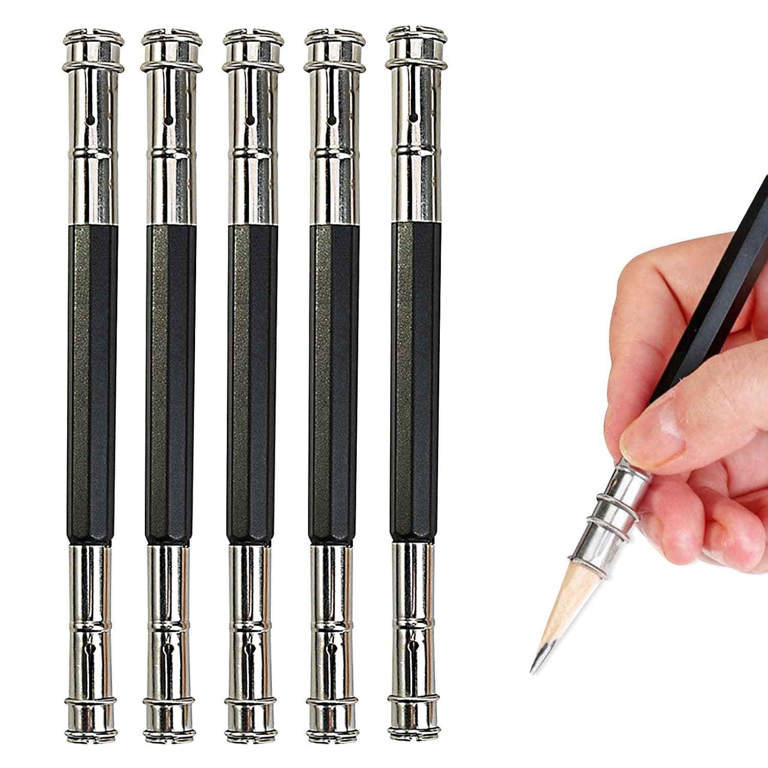 5 Pcs Adjustable Metal Pencil Extender for Artists Pencil Pull Pro Charcoal Holder, Double-ended pen sleeve extender Pencil Lengthener Tool Coupling Device for School Office Sketch Art Writing