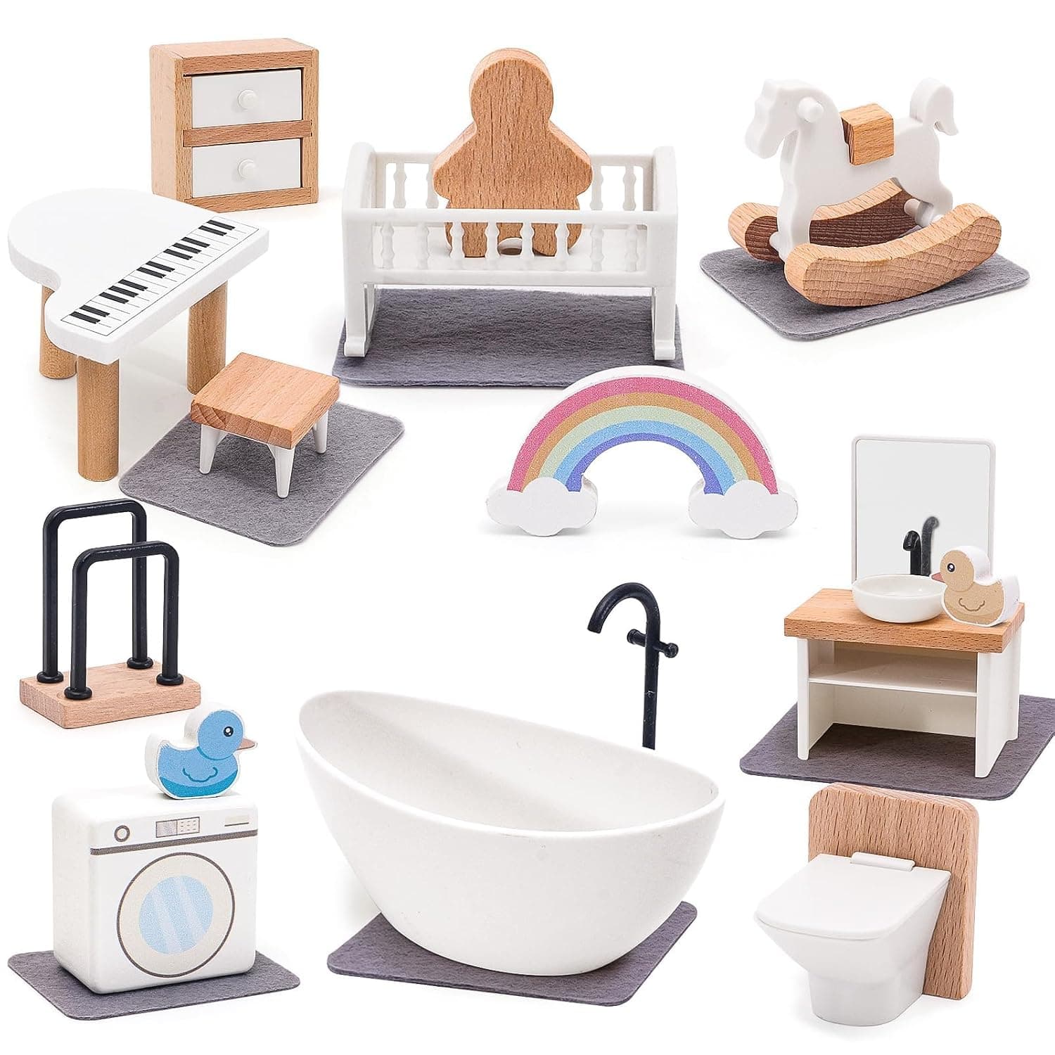 Premium Wooden Dollhouse Furniture Set for Kids, 16-Piece Eco-Safe Doll House Accessories for Girls and Boys, Elegant Nursery & Bathroom Decor Toy, Ideal Birthday and Christmas Gift