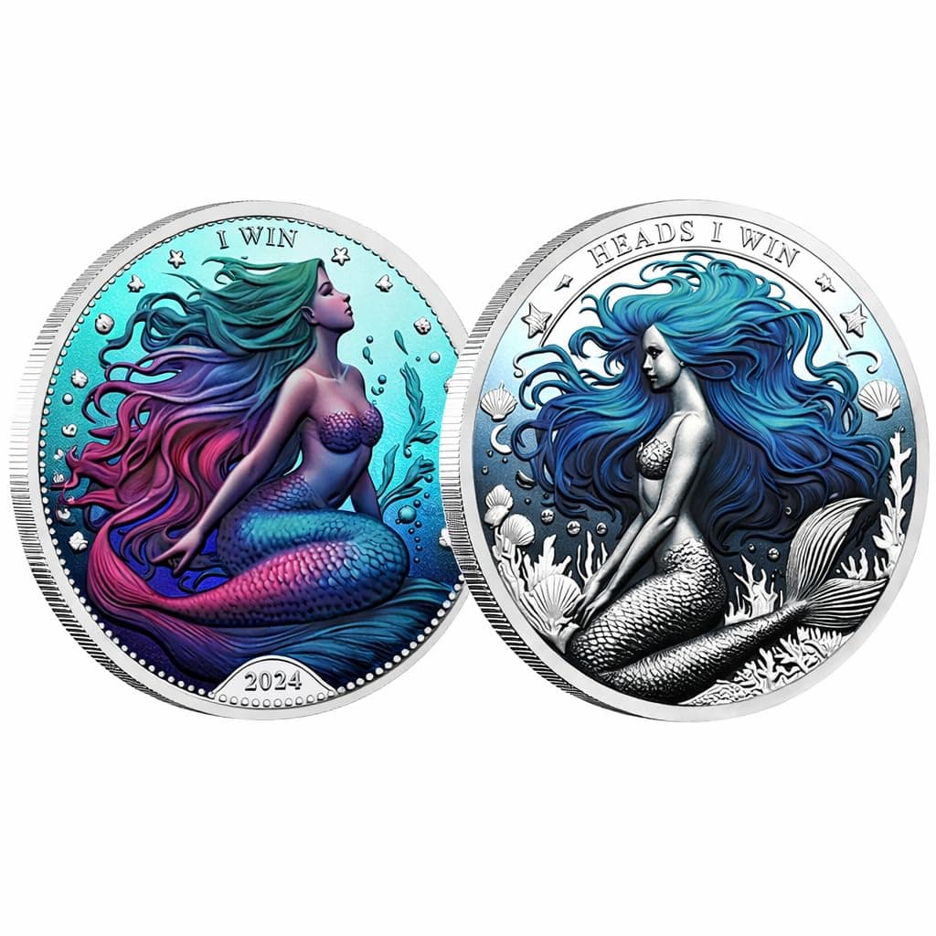 2pc/Box Exquisite Mermaid Decision Coin Head You Win, Tail You Lose Metal Challenge Coin Collection with Certificate Gift Box (Silvery)