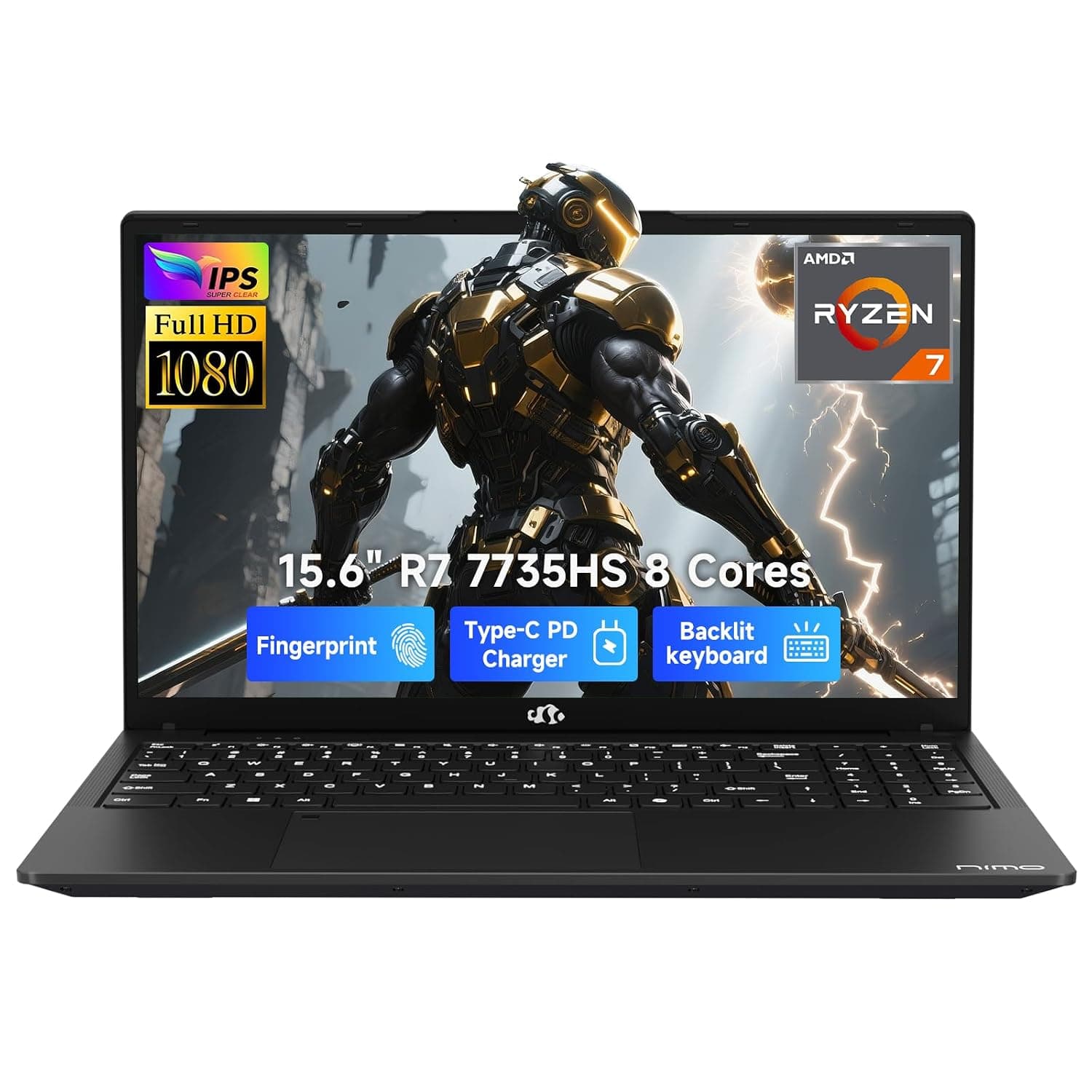 NIMO 15.6" IPS FHD Laptop, Ryzen 7 7735HS 8-Core 32GB DDR5 RAM 1TB SSD, Radeon 680M Graphics, 100W Type-C Backlit Keyboard, Fingerprint Unlock, Advanced Cooling, 2-Year Warranty