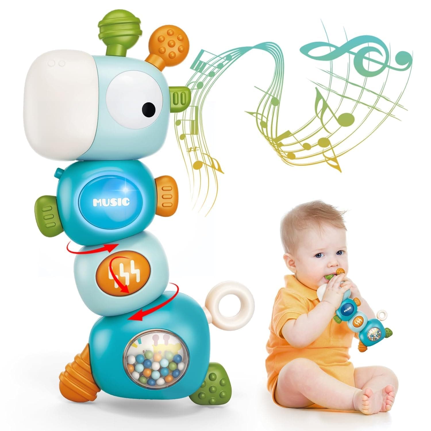 AM ANNA Baby Teething Toys for 0 3 6 9 12 18 Months, Food Grade Baby Teether for Infant Newborn Boys Girls, Baby Rattle Chew Toys 0-6 Months, Montessori Sensory Toys for Babies with Music