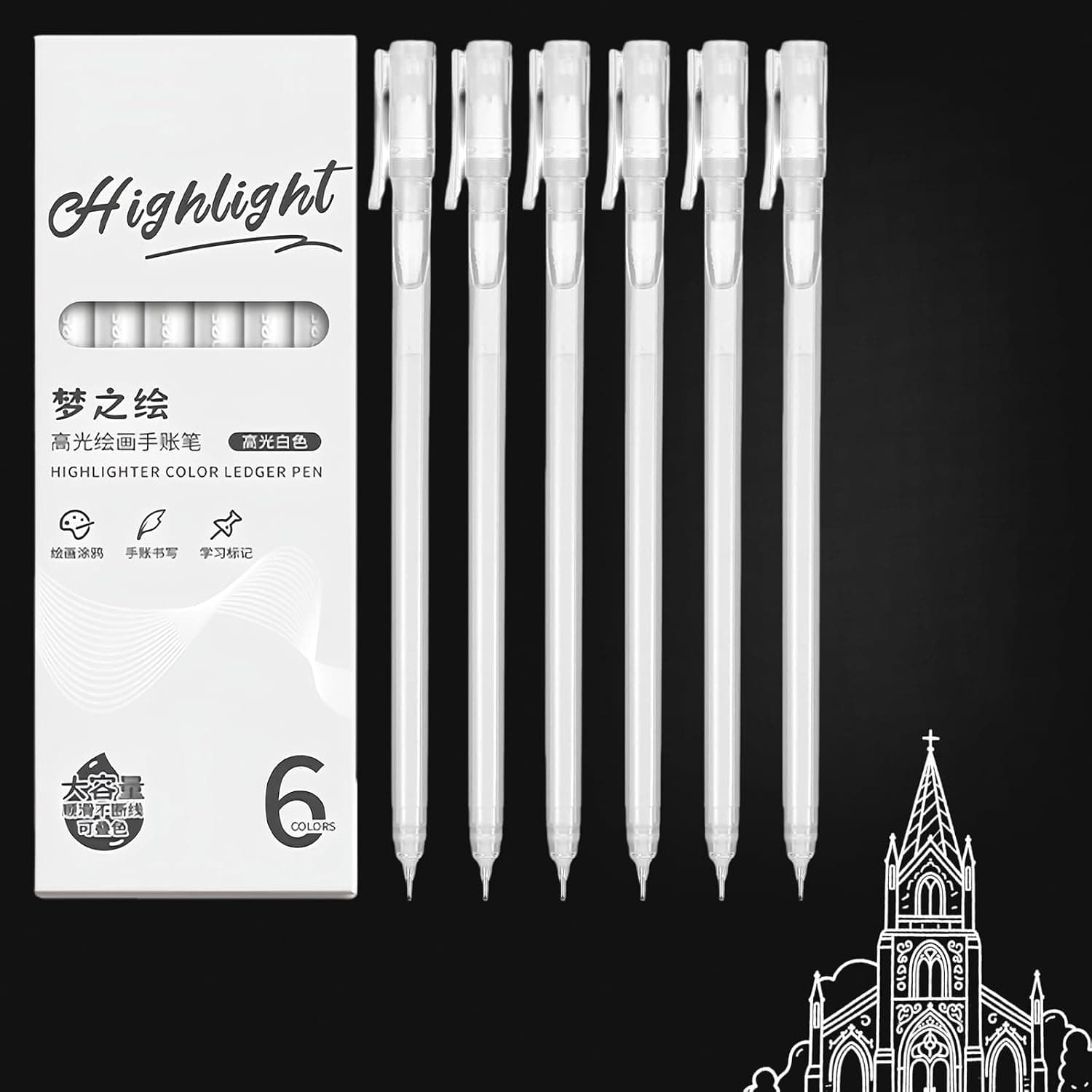 White Gel Pens for Black Paper Sketching and Drawing, 6 Piece Set of 0.5mm Fine Tip White Ink Pens for Highlighting and Illustration, Opaque White Fineliners for Dark Card and Artistic Writing
