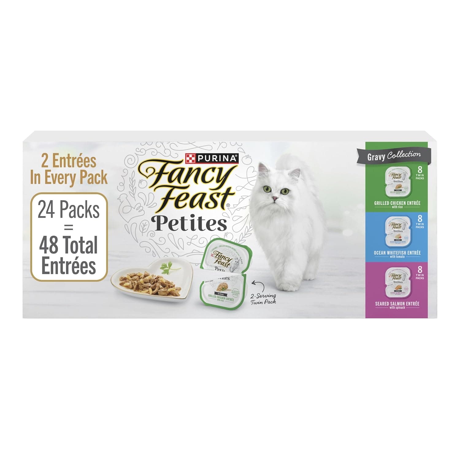 Purina Fancy Feast Gourmet Wet Cat Food Variety Pack, Petites Gravy Collection, Break-Apart tubs, 48 Servings - (24) 2.8 oz. Tubs | 48 single servings made with Chicken or Fish, and no artificial colors or preservatives. Convenient break-apart tubs