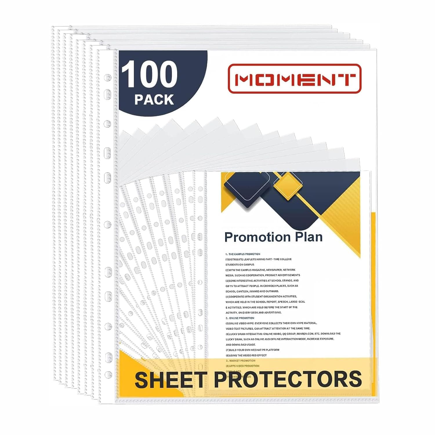 MOMENT A4 Transparent File, 100 Pcs Clear Plastic Folder Punched Pockets for Filing Paper/Documents/Ring Binders, Top Loading Page Paper Protector File Pockets Sleeves (11 Ring A4 Binder, 50 mic)