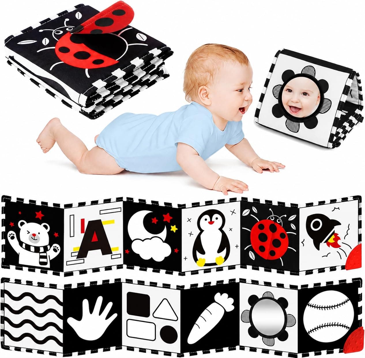 BBWOO High Contrast Baby Toys for Newborn, Tummy Time Mirror | Black and White Baby Toy for 0-6 Months, Soft Montessori Visual Stimulation Infant Book, Boy Girl Shower Gift