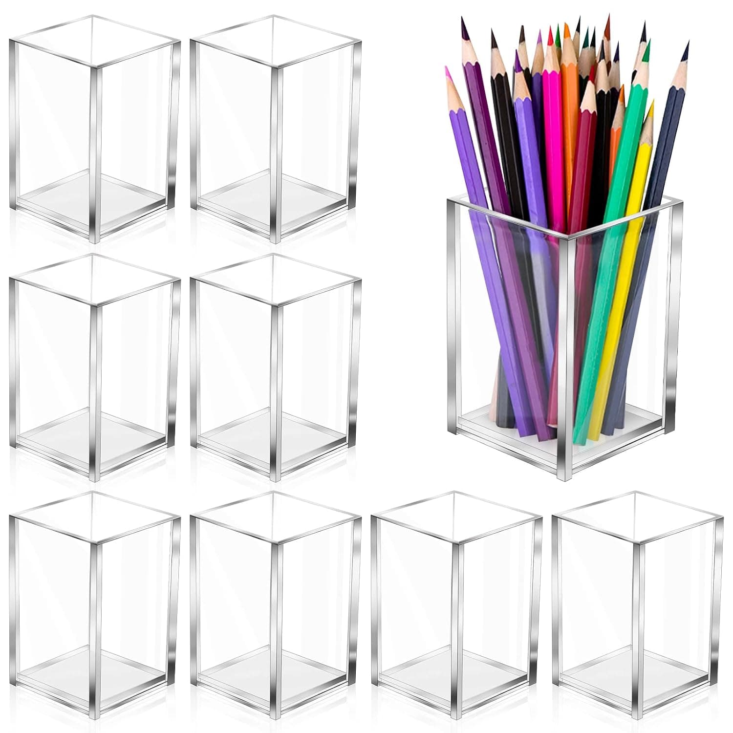 10 Pack Clear Acrylic Pen Holder Makeup Brush Holder Desktop Pencil Organizer Acrylic Pencil Cup Stationery Office Organizer Accessory for Office School Makeup Desk…