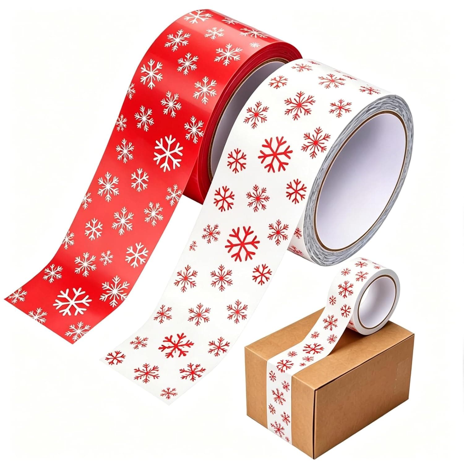 FYSUIMU Christmas Packing Tape, Red White Snowflake, 2 Rolls,100 Yard | Decorative Sticky Gift Wrapping Tape, Packing Shipping Tapes, for Xmas Winter DIY Crafts Box Decor