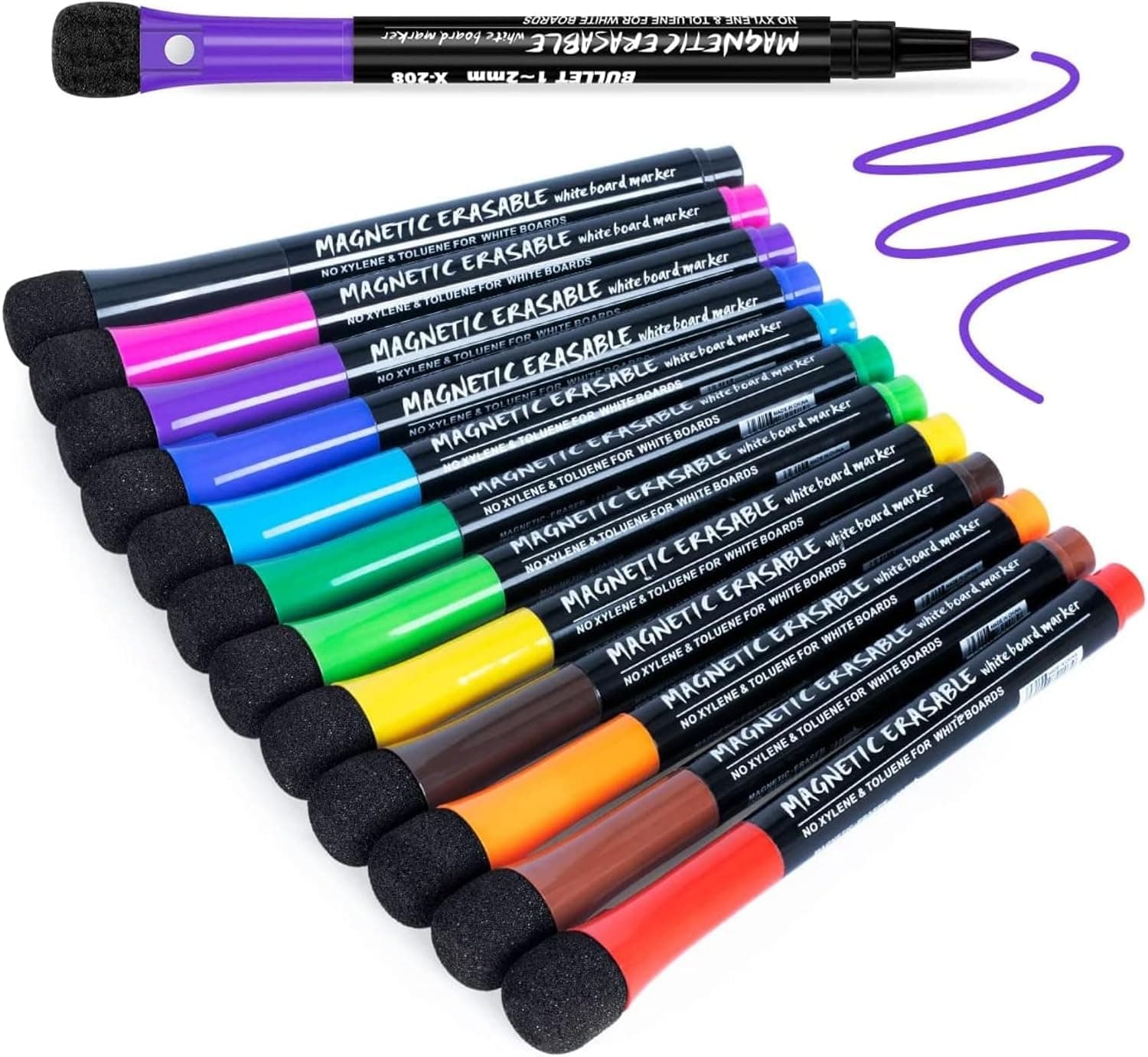 Magnetic Dry Erase Markers, 12 Colors Fine Tip Dry Erase Whiteboard Markers with Eraser for Kids, Low Odor Thin Markers for Calendar Boards Office Home School Supplies (Color box, 12)