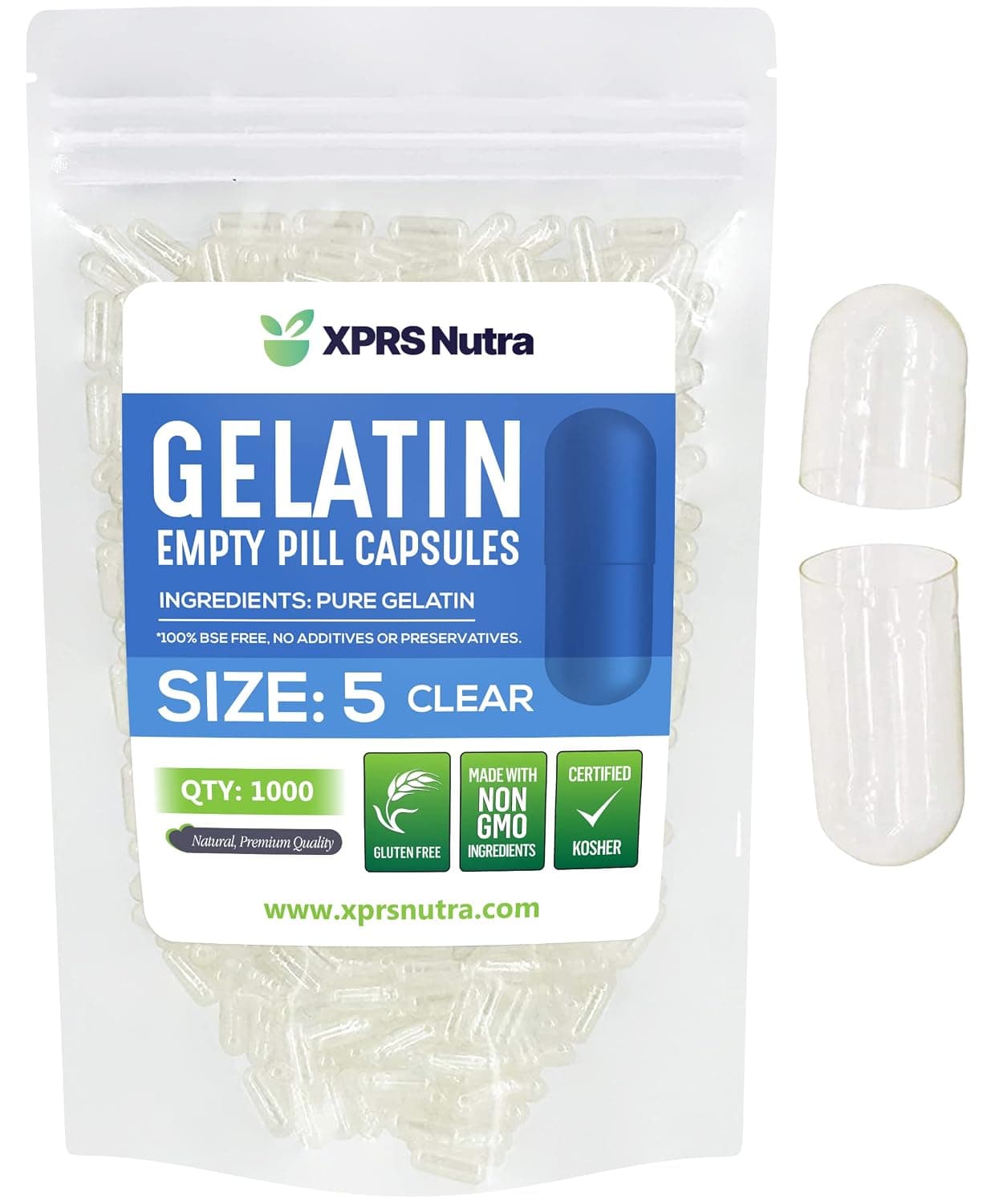 XPRS Nutra Capsules Express- Size 5 Clear Empty Gelatin Capsules 1000 Count - Easy to Swallow - Kosher and Halal - Pure Bovine Gelatin Pill Capsule - DIY Supplement Powder Filling