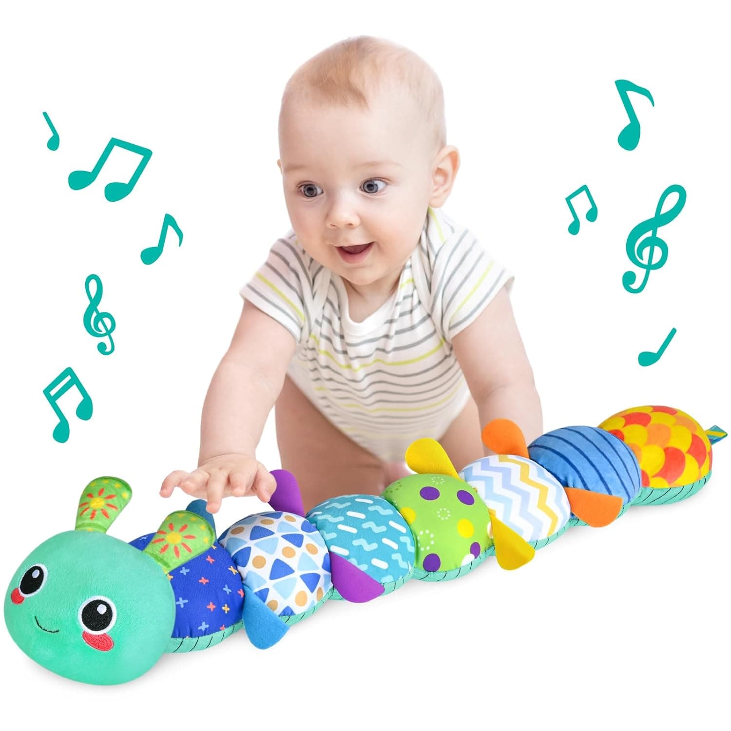 KMUYSL Baby Toys 6 to 12 Months, Musical Stuffed Animal Toys for 6-12 Months, Soft Sensory Toys with Crinkle and Rattles, Infant Tummy Time Toys for Newborn Boys Girls, Caterpillar, Blue