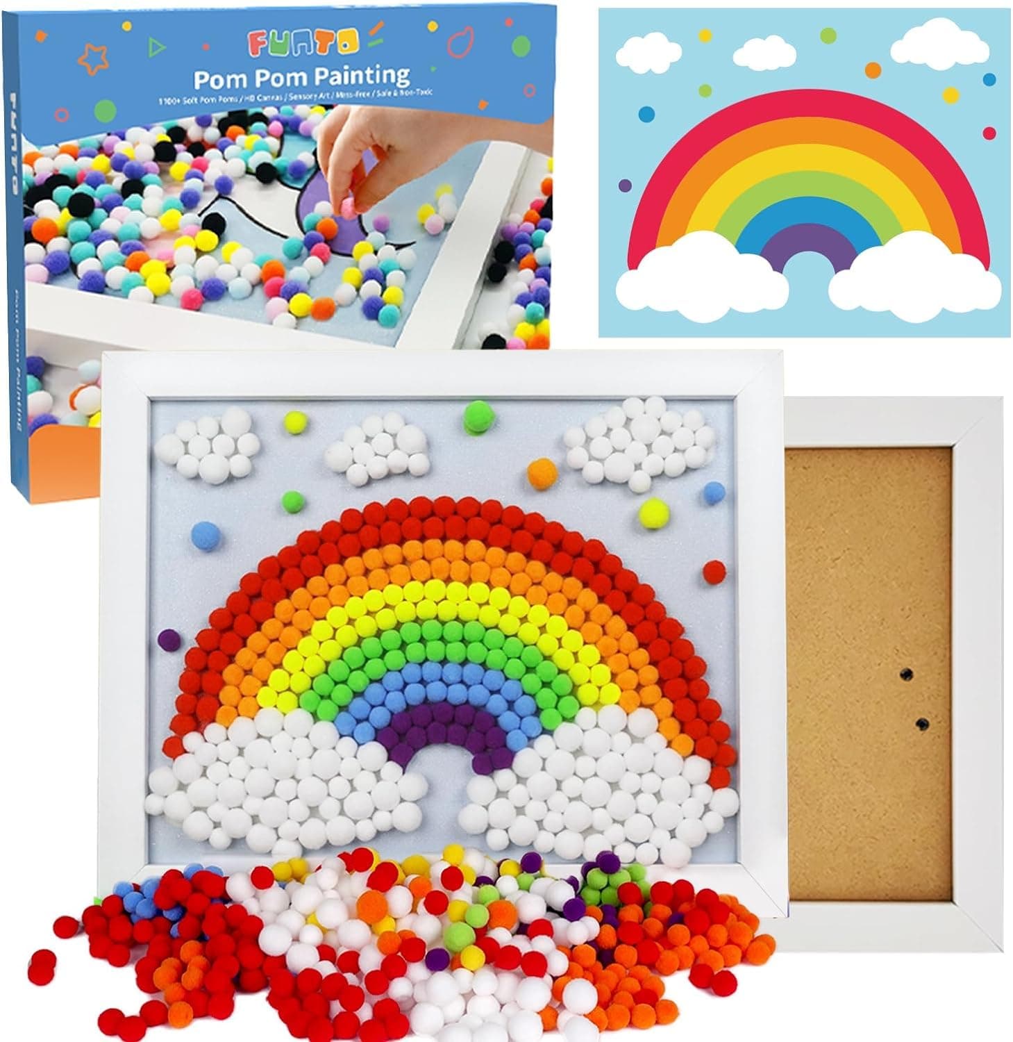 Funto Rainbow Painting Art Kit - 1100+ Pom Poms, Canvas and Sturdy Frame for Home Decor, Artistic Crafts for Kids