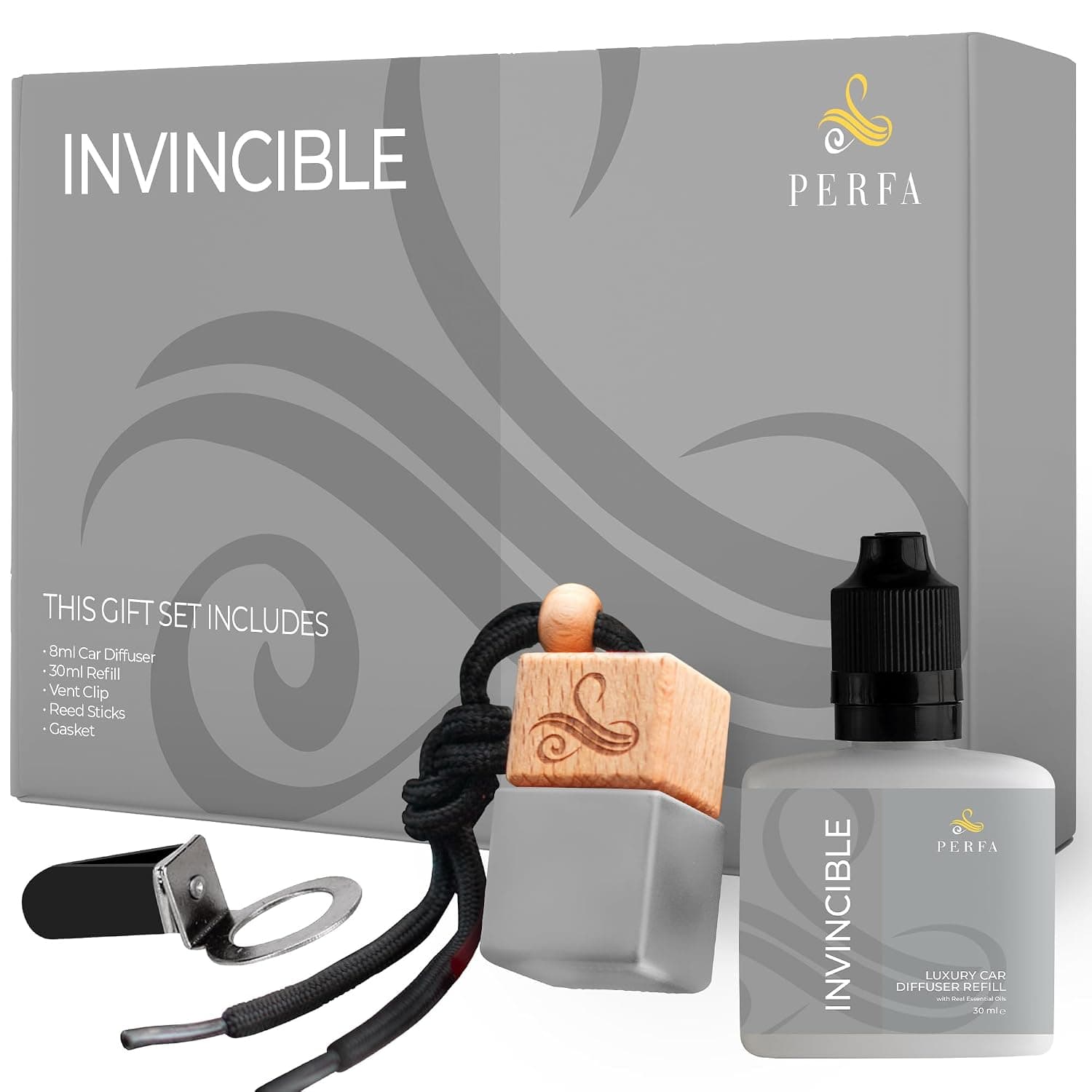 Invincible Gift Set Car Air Freshener for Men | Car Air Freshener Vent Clip 38ml Gift Set | Odor Eliminator Car Perfume Diffuser by Perfa